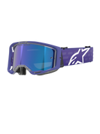 Alpinestars Vision 8 Corp Goggles, Motocross Goggles, Purple and Mirror Blue, Reflective Blue Lens featuring 'One Goal. One Vision.' text, Purple frame with wide strap and white Alpinestars logo, Off-road racing eye protection