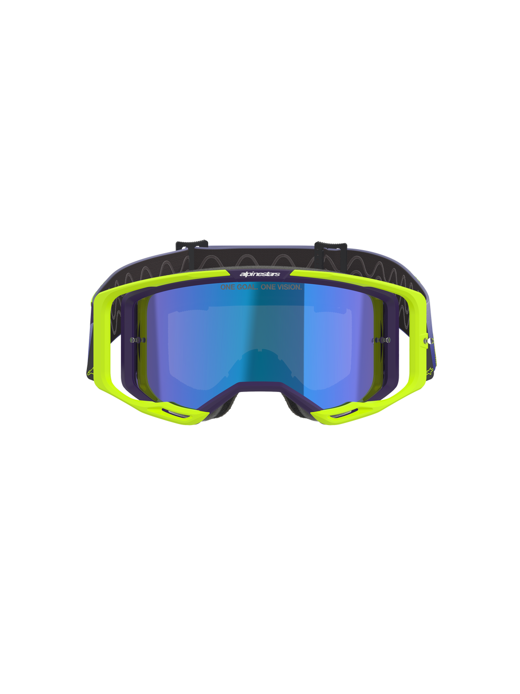 Alpinestars Vision 8 Corp Goggles, Motocross Goggles, Purple and Yellow Fluo, featuring a blue mirror-tinted lens, fluorescent yellow A-FLEX frame with purple accents, and an adjustable purple strap, high-performance off-road eyewear