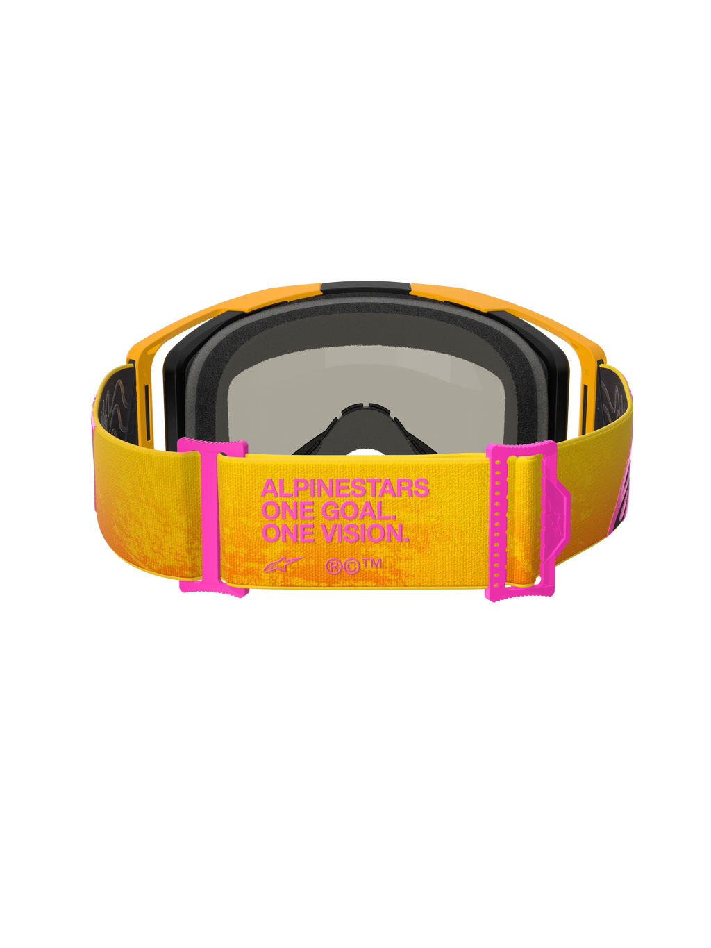 Alpinestars Vision 8 Corp Goggles, motocrossglasögon, orange och gula med rosa accenter, baksida som visar remmen med texten 'ALPINESTARS ONE GOAL. ONE VISION.', rosa remjusterare, orange ram med svart skumvaddering
