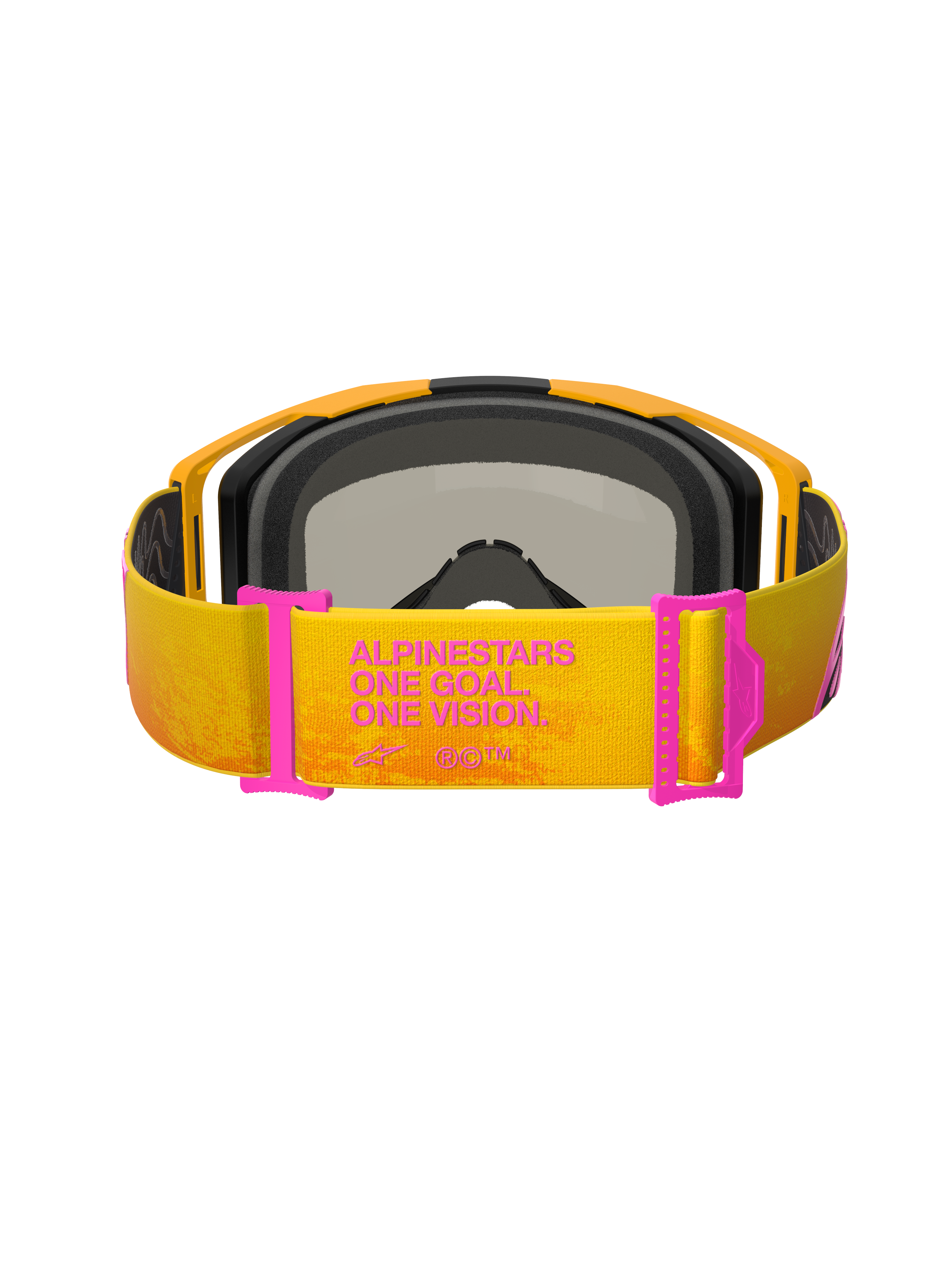 Alpinestars Vision 8 Corp Goggles, motocrossglasögon, orange och gula med rosa accenter, baksida som visar remmen med texten 'ALPINESTARS ONE GOAL. ONE VISION.', rosa remjusterare, orange ram med svart skumvaddering