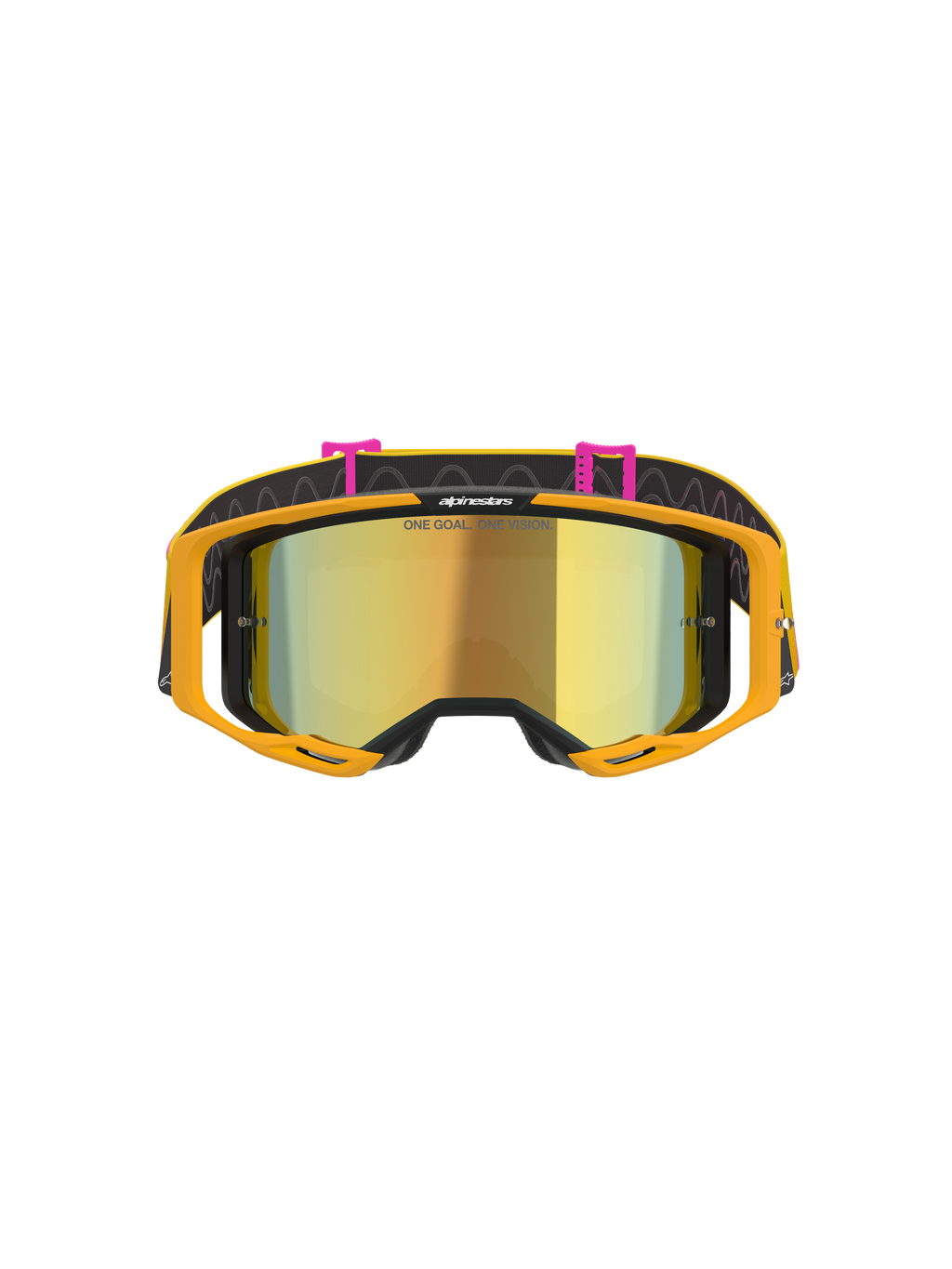 Alpinestars Vision 8 Corp Goggles, motocrossglasögon, orange, gul och rosa med guldspegellins, framifrån med en guldspegellins med texten 'ONE GOAL. ONE VISION.', klarorange ram och svart rem med rosa detaljer och vågigt mönster.