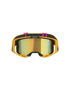 Alpinestars Vision 8 Corp Goggles, motocrossglasögon, orange, gul och rosa med guldspegellins, framifrån med en guldspegellins med texten 'ONE GOAL. ONE VISION.', klarorange ram och svart rem med rosa detaljer och vågigt mönster.