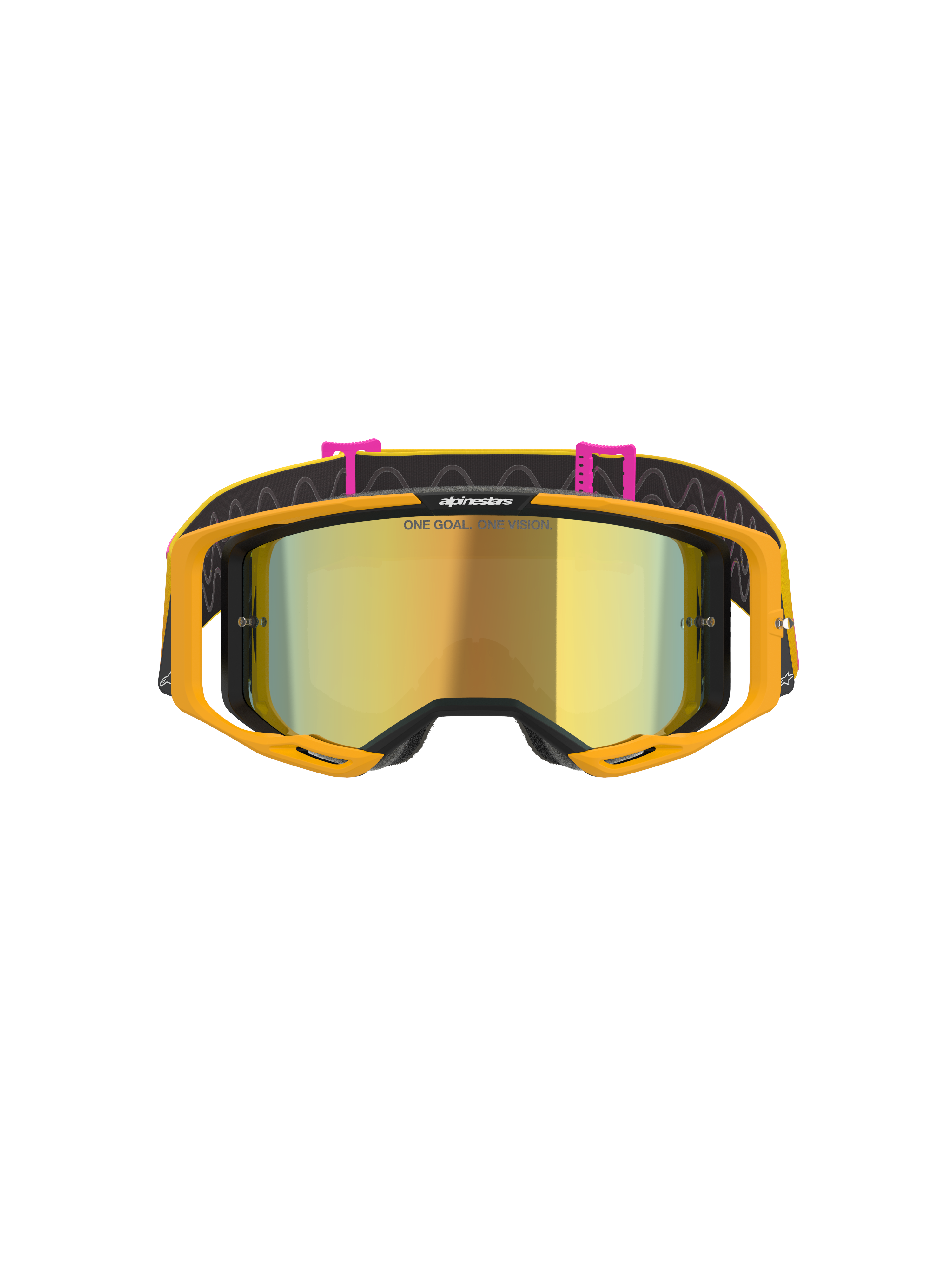 Alpinestars Vision 8 Corp Goggles, motocrossglasögon, orange, gul och rosa med guldspegellins, framifrån med en guldspegellins med texten 'ONE GOAL. ONE VISION.', klarorange ram och svart rem med rosa detaljer och vågigt mönster.