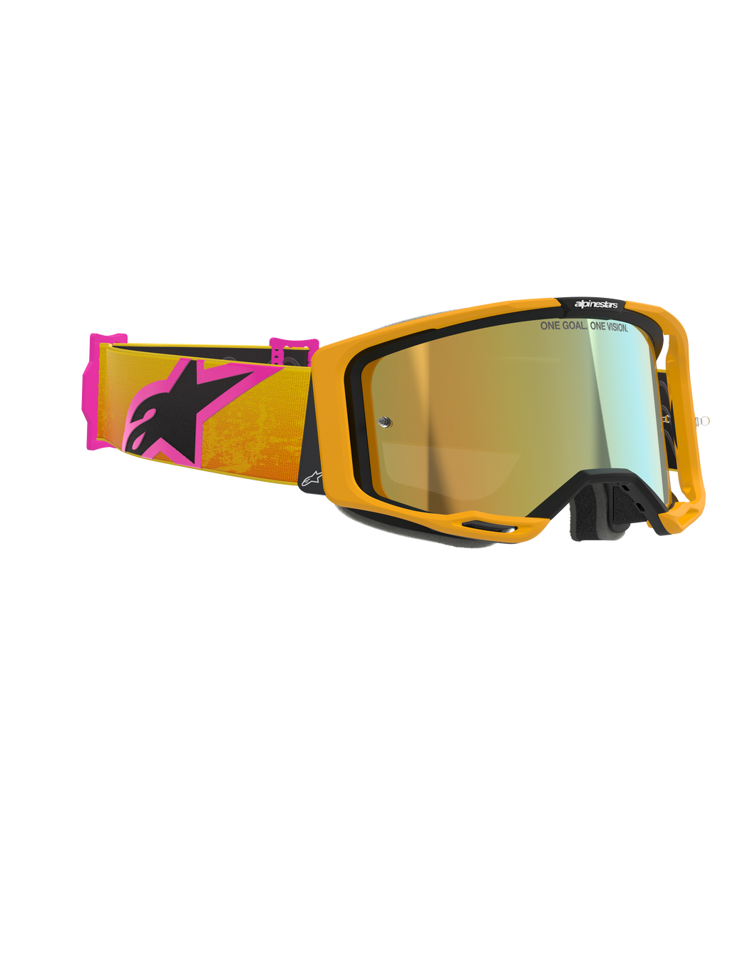 Alpinestars Vision 8 Corp Goggles, motocrossglasögon, orange ram med guld-spegellins, orange och rosa rem med svart Alpinestars-logotyp, högpresterande design för terrängkörning