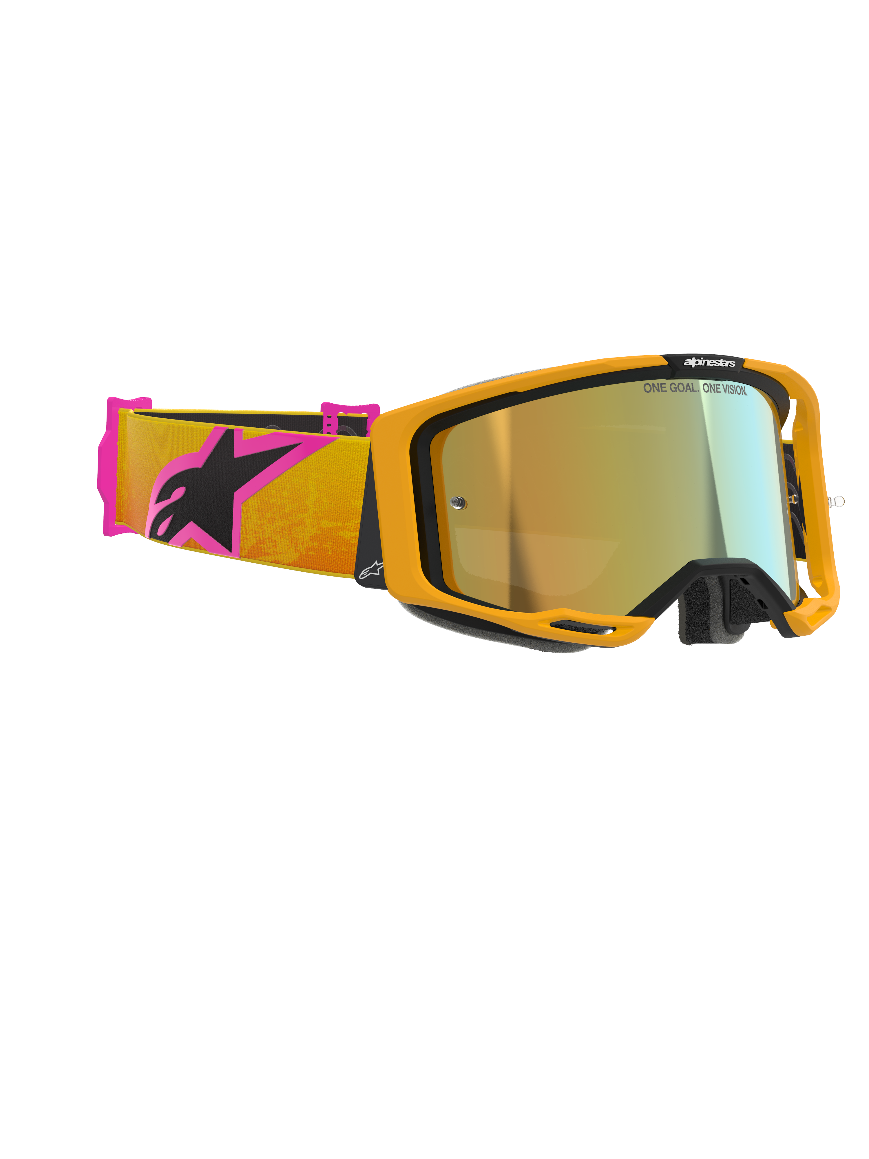 Alpinestars Vision 8 Corp Goggles, motocrossglasögon, orange ram med guld-spegellins, orange och rosa rem med svart Alpinestars-logotyp, högpresterande design för terrängkörning