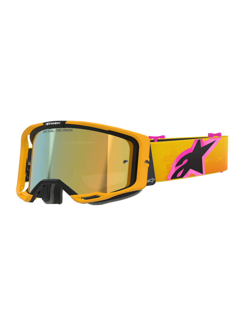 Alpinestars Vision 8 Corp Goggles, motocrossglasögon, orange ram med Mirror Gold-lins, gult och orange tonat band med en stor rosa och svart Alpinestars-logotyp, strömlinjeformad högpresterande design för terrängkörning