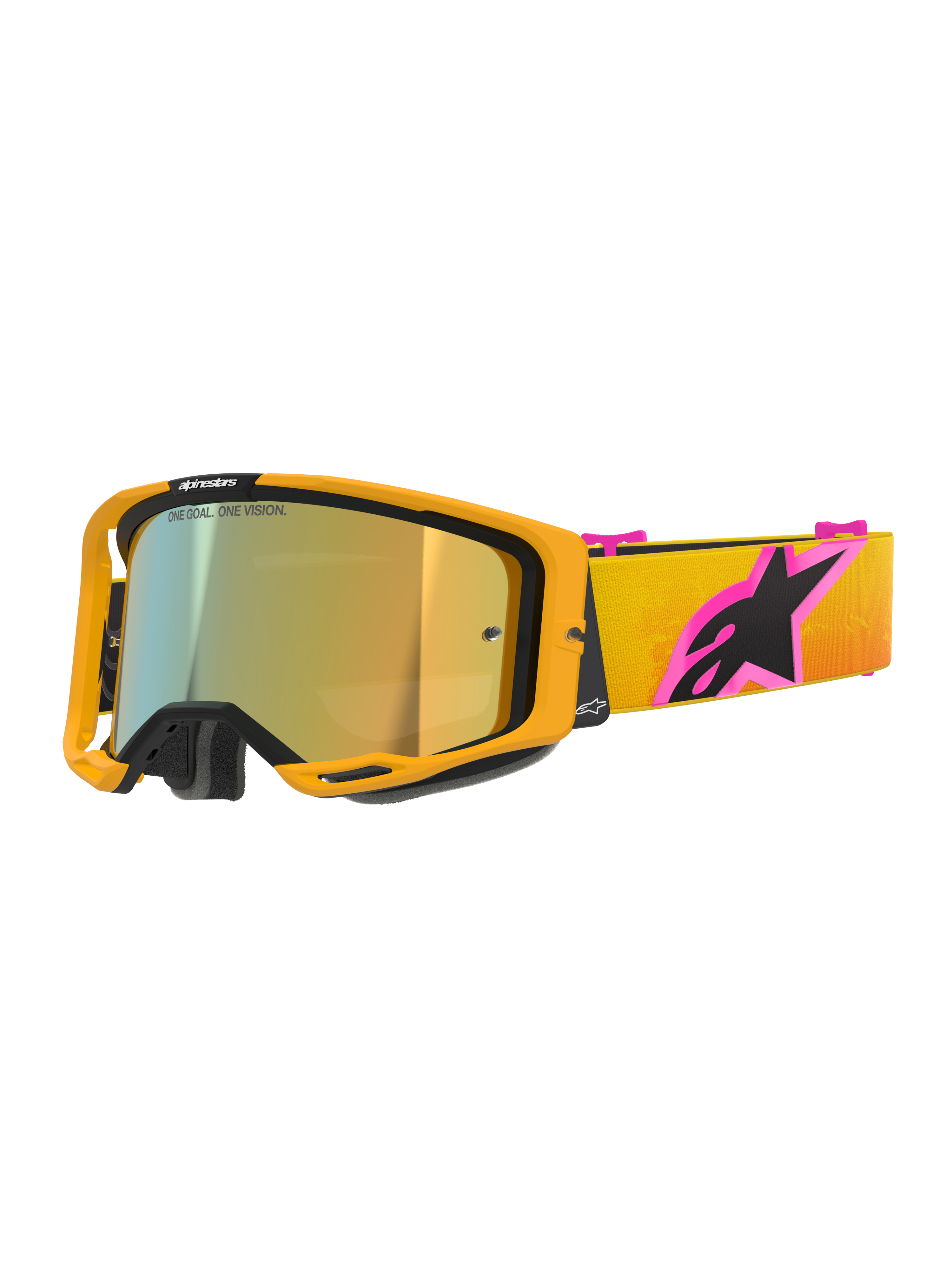 Alpinestars Vision 8 Corp Goggles, motocrossglasögon, orange ram med Mirror Gold-lins, gult och orange tonat band med en stor rosa och svart Alpinestars-logotyp, strömlinjeformad högpresterande design för terrängkörning
