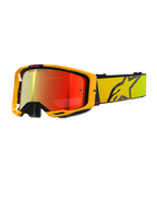 Alpinestars Vision 8 Corp Goggles, Yellow and Pink Motocross Goggles, Red Mirror Reflective Lens, Wide yellow strap with large black star logo, 'ONE GOAL. ONE VISION.' branding, professional off-road racing eyewear