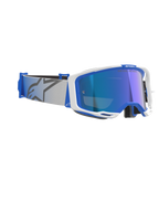 Alpinestars Vision 8 Corp Goggles, Motocross Goggles, Blue and White with Mirror Blue lens, light gray woven strap featuring a blue star logo, sleek A-FLEX frame design with mirrored lens for off-road racing