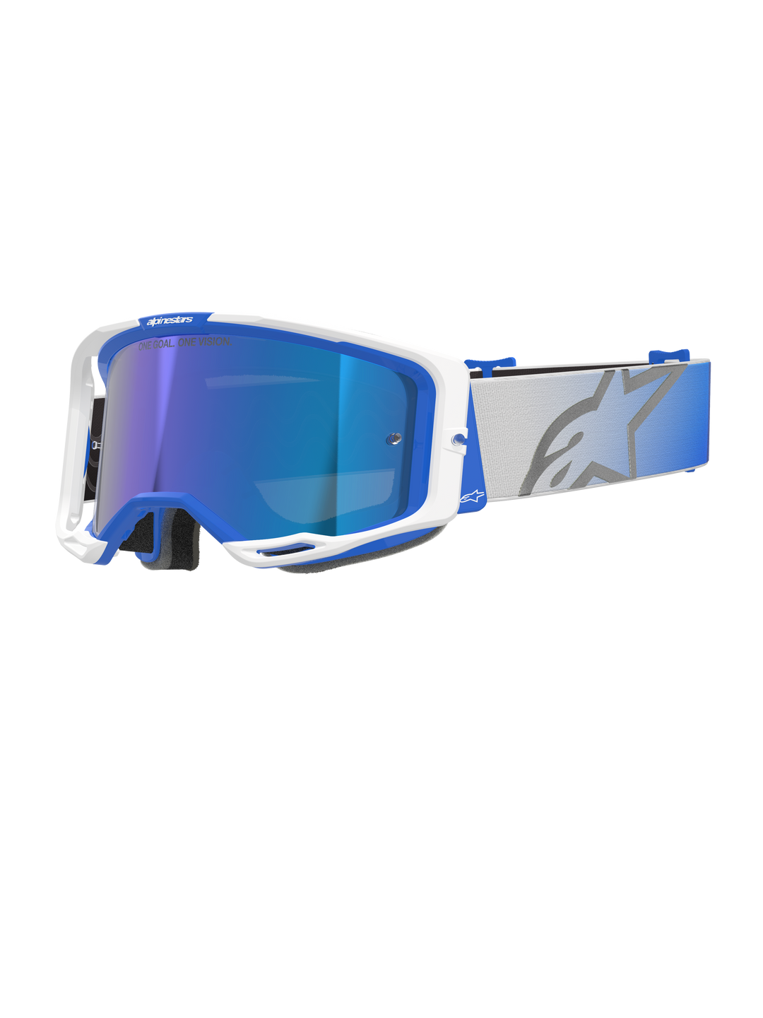 Alpinestars Vision 8 Corp skyddsglasögon, motocross-glasögon, blå och vit ram, blå reflekterande spegellins med lila nyans, bred justerbar grå rem med blå färgövergång och stor stjärnlogotyp, med RAM-AIR-ventilation och "ONE GOAL. ONE VISION."-märkning