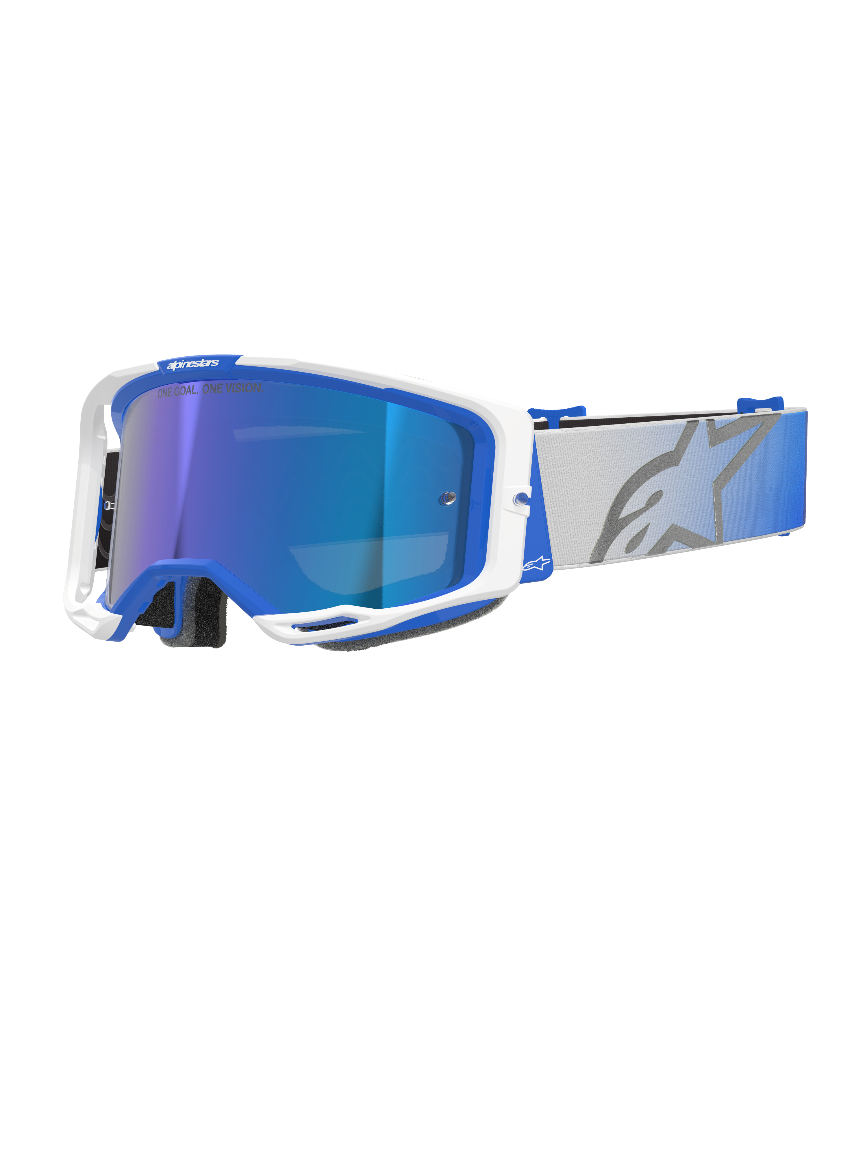 Alpinestars Vision 8 Corp skyddsglasögon, motocross-glasögon, blå och vit ram, blå reflekterande spegellins med lila nyans, bred justerbar grå rem med blå färgövergång och stor stjärnlogotyp, med RAM-AIR-ventilation och "ONE GOAL. ONE VISION."-märkning