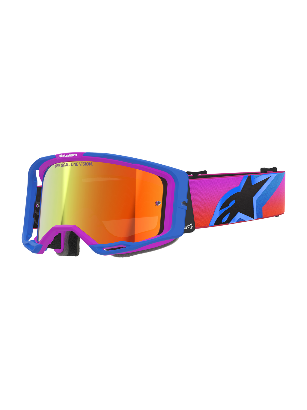 Alpinestars Vision 8 Corp Goggles, motocrossglasögon med en blå och lila A-FLEX-ram, orange spegellins med "ONE GOAL. ONE VISION."-branding, rem med färgövergång från rosa till orange och en stor svart stjärnlogotyp, högpresterande ögonskydd för terrängkörning
