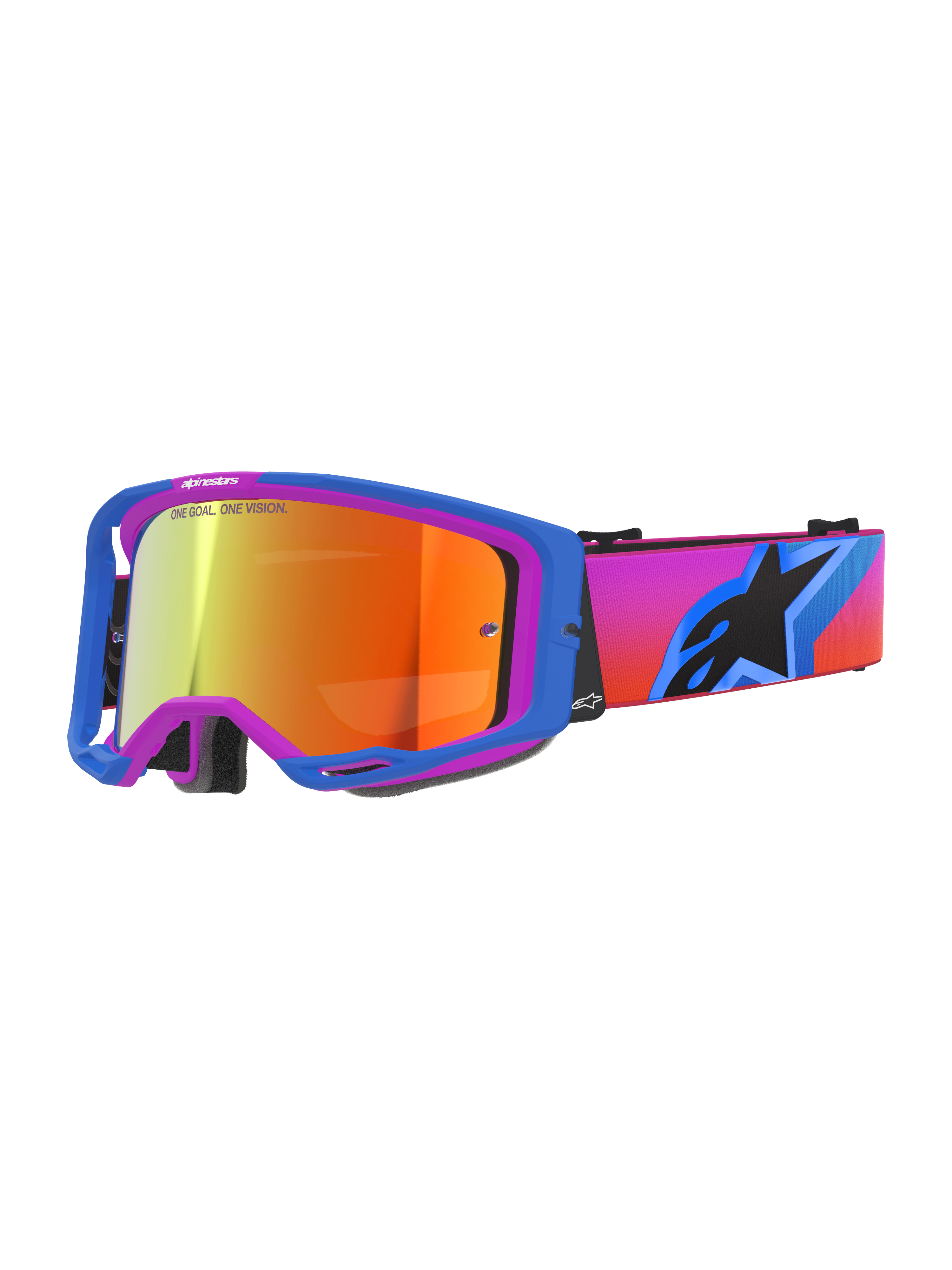 Alpinestars Vision 8 Corp Goggles, motocrossglasögon med en blå och lila A-FLEX-ram, orange spegellins med "ONE GOAL. ONE VISION."-branding, rem med färgövergång från rosa till orange och en stor svart stjärnlogotyp, högpresterande ögonskydd för terrängkörning