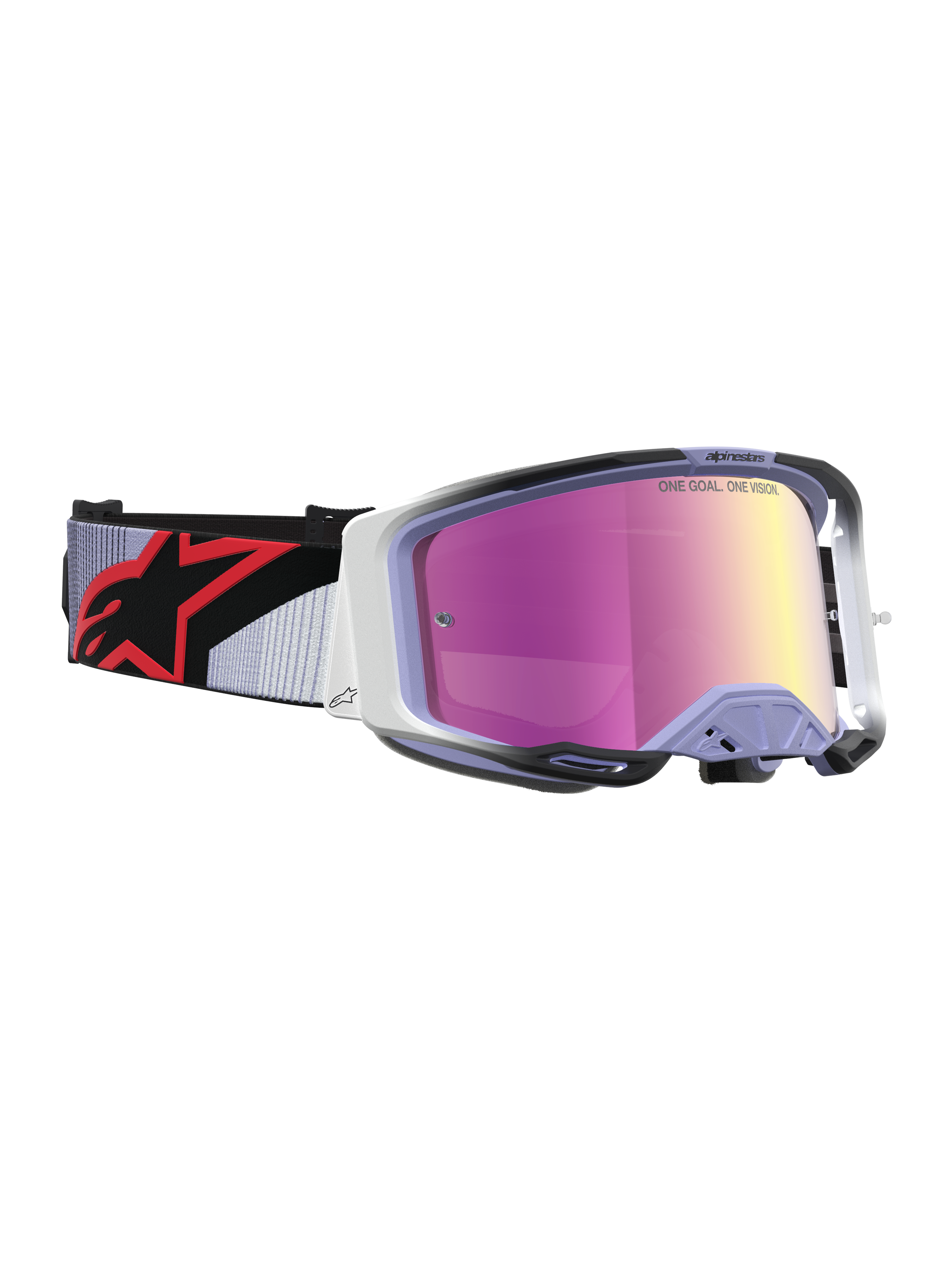 Alpinestars Vision 8 Maven goggles, motocrossglasögon i lila och svart med rosa spegellins, RAM-AIR-ventilation och A-FLEX-ram, röd logotyp på remmen, högpresterande skydd för terrängkörning
