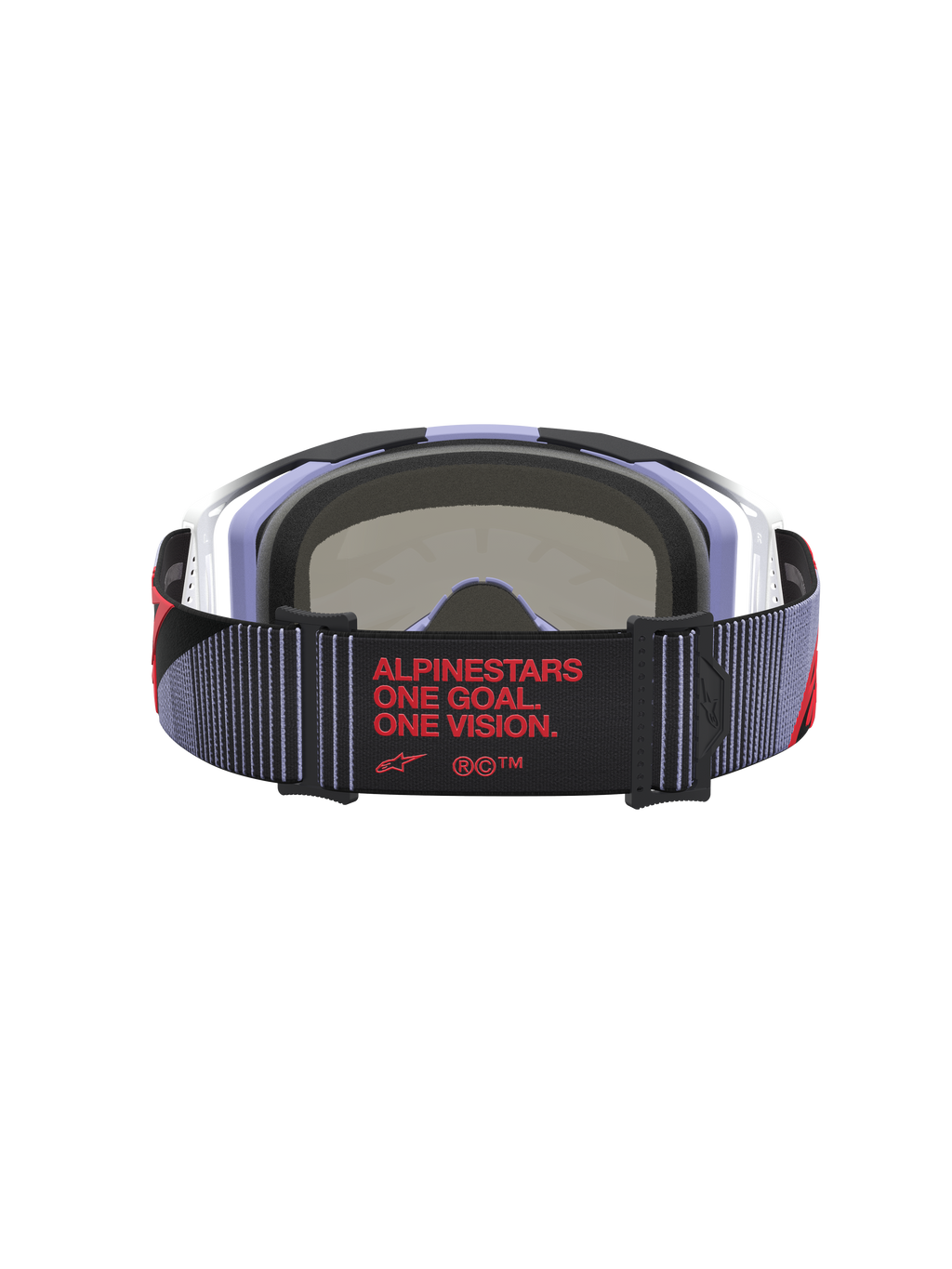 Alpinestars Vision 8 Maven goggles, lila och svarta motocrossgoggles, vy bakifrån med röd "One Goal. One Vision." text.