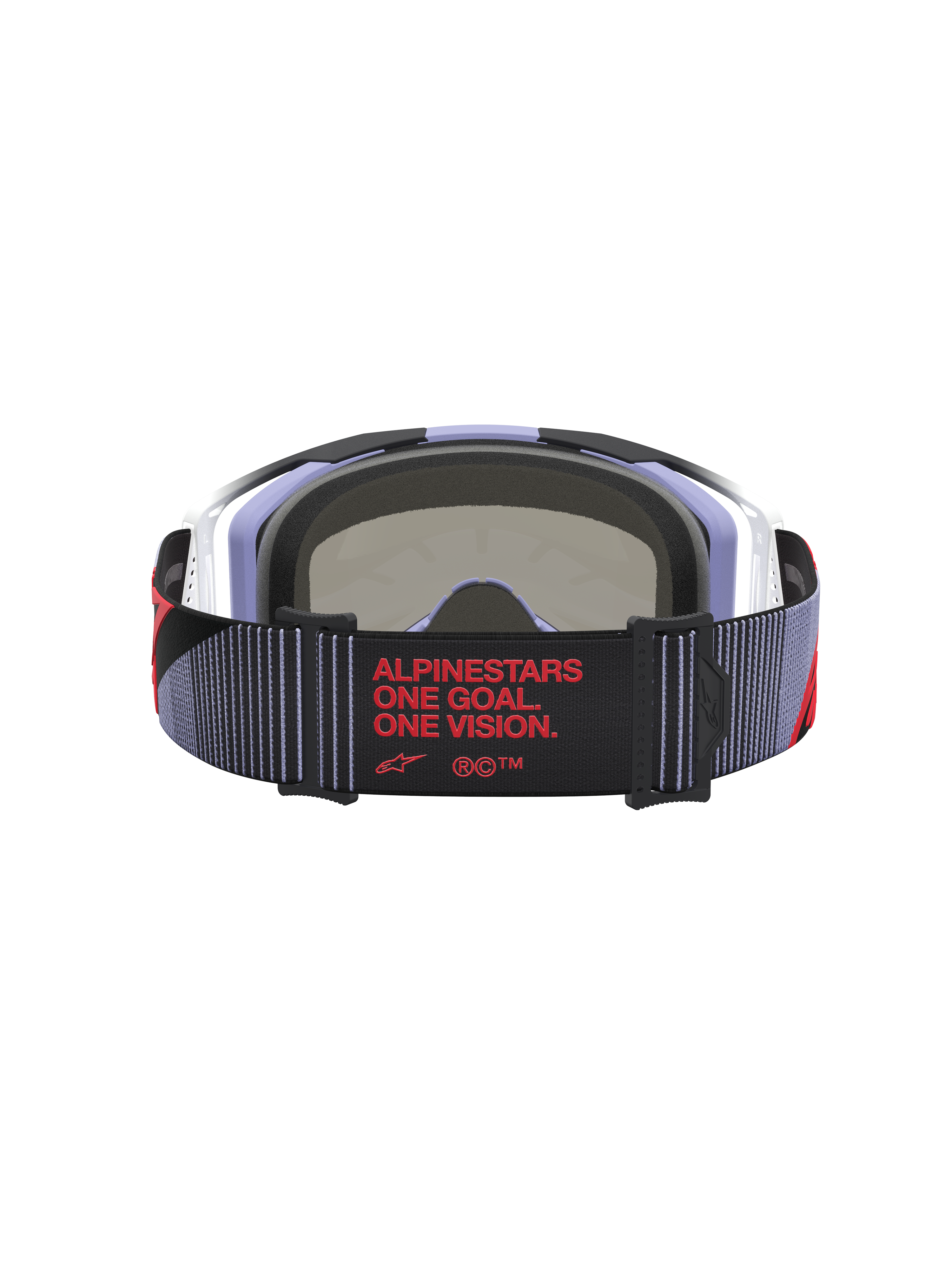Alpinestars Vision 8 Maven goggles, lila och svarta motocrossgoggles, vy bakifrån med röd "One Goal. One Vision." text.