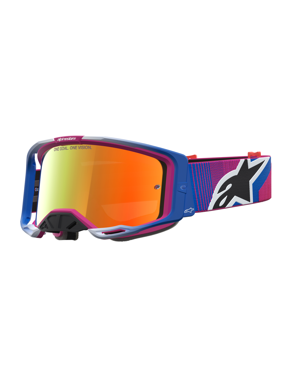 Alpinestars Vision 8 Maven Goggles, Motocross, Blue and Pink, Red Mirror Lens, lightweight A-FLEX frame construction.