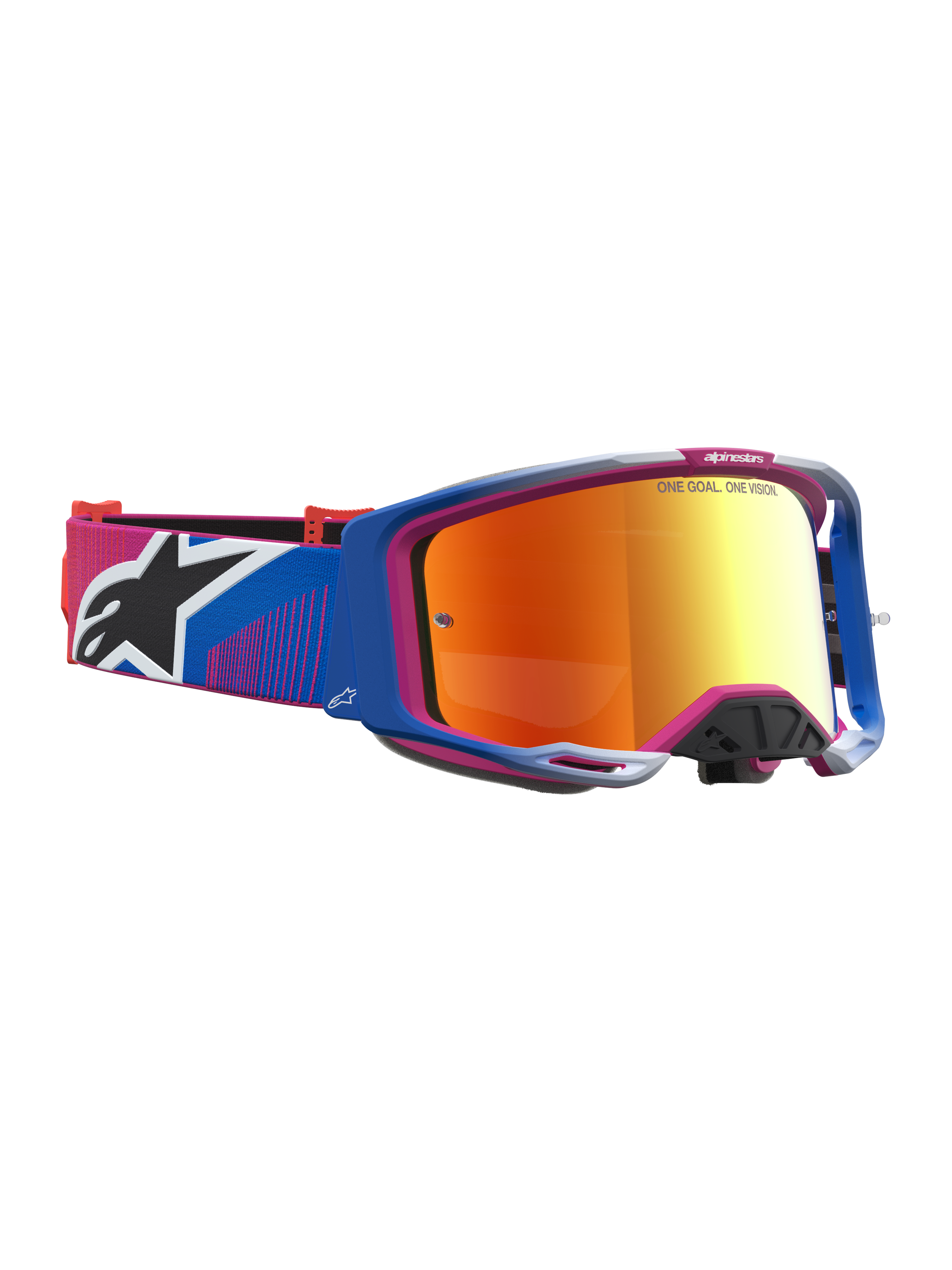 Alpinestars Vision 8 Maven Goggles, Motocross eyewear with blue and pink A-FLEX frame and fire red mirror lens.
