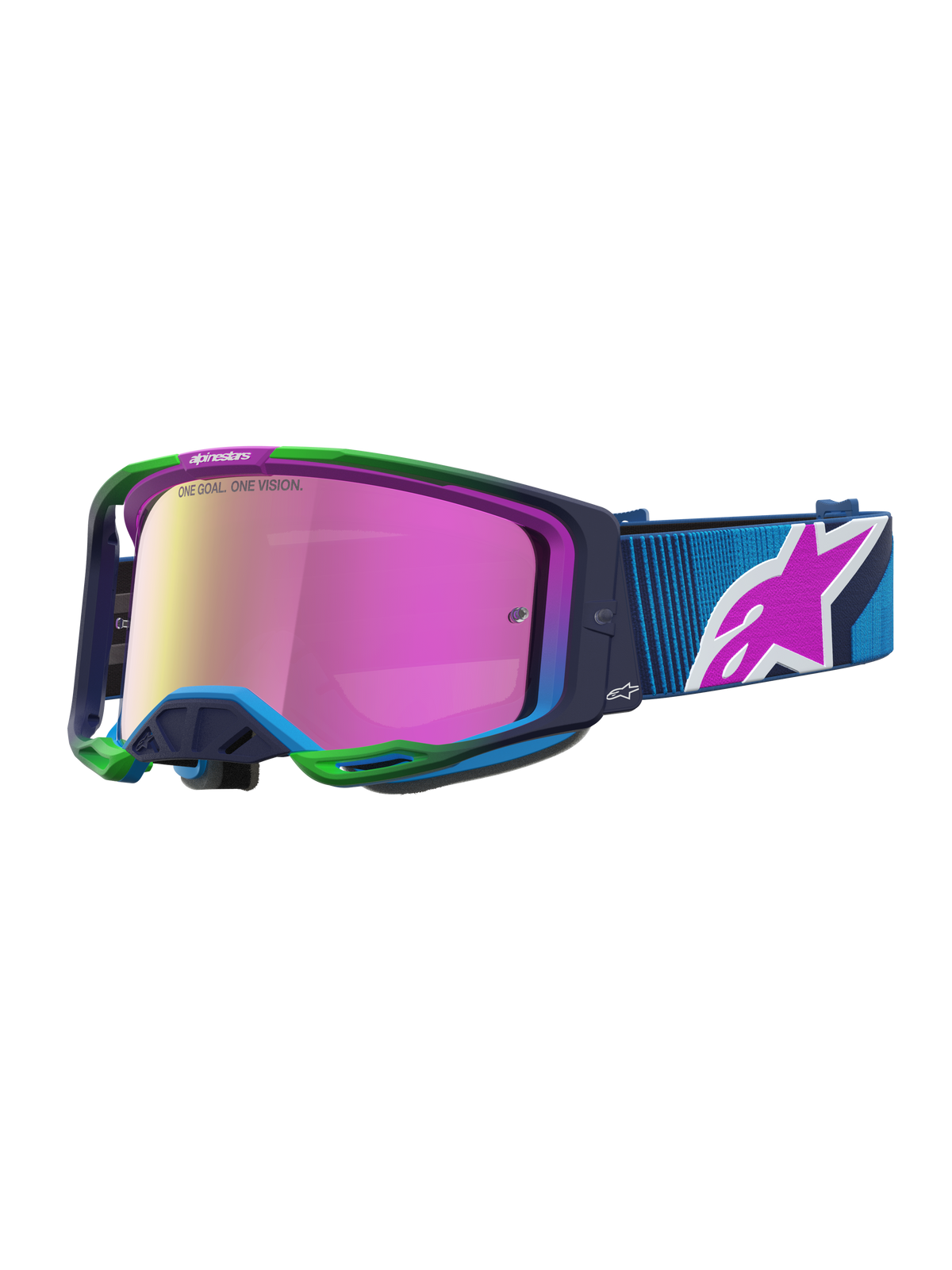 Alpinestars Vision 8 Maven goggles, blå motocrossglasögon med lila och rosa spegellins, A-FLEX-ram och RAM-AIR-ventilation