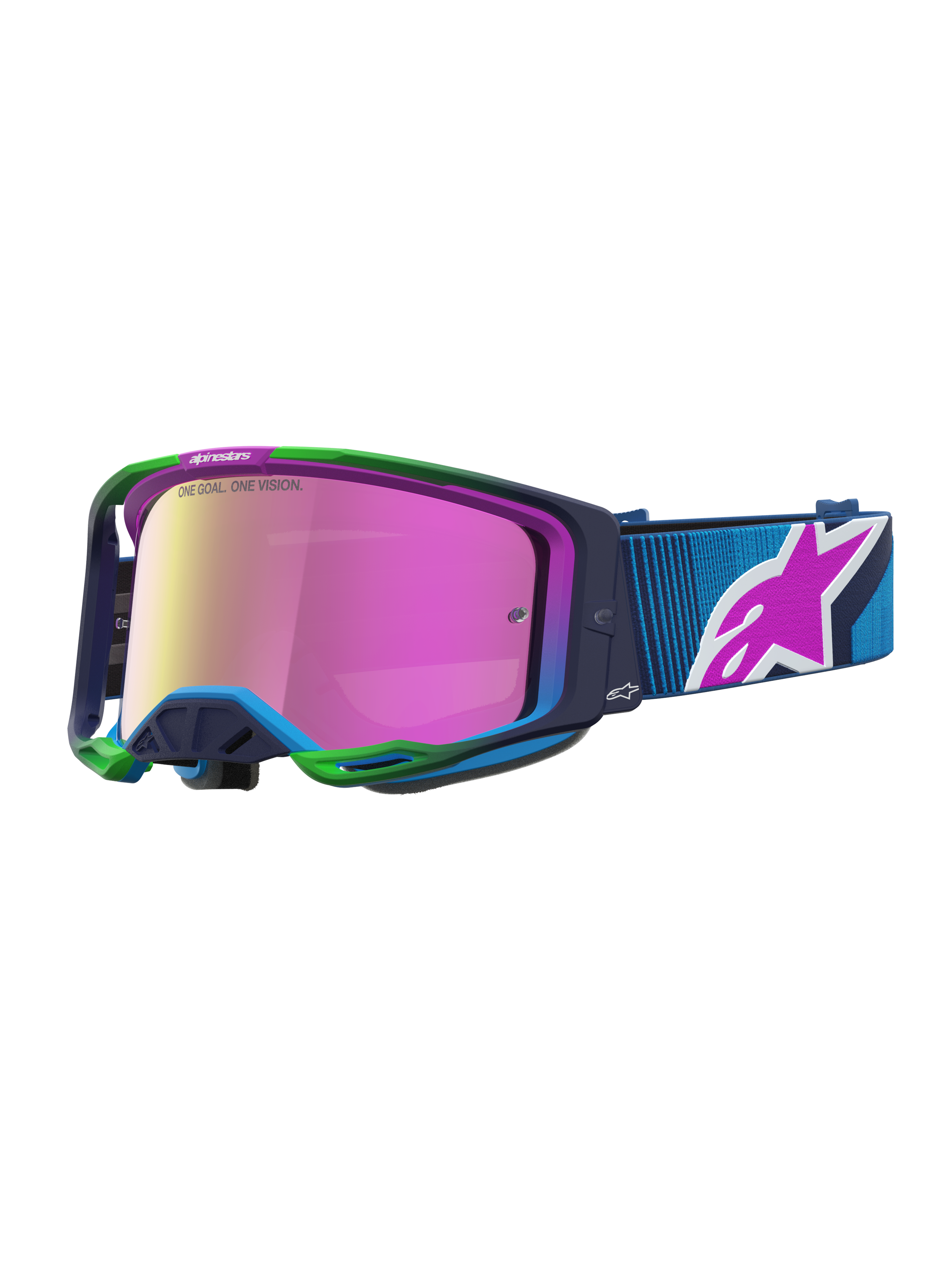 Alpinestars Vision 8 Maven goggles, blå motocrossglasögon med lila och rosa spegellins, A-FLEX-ram och RAM-AIR-ventilation