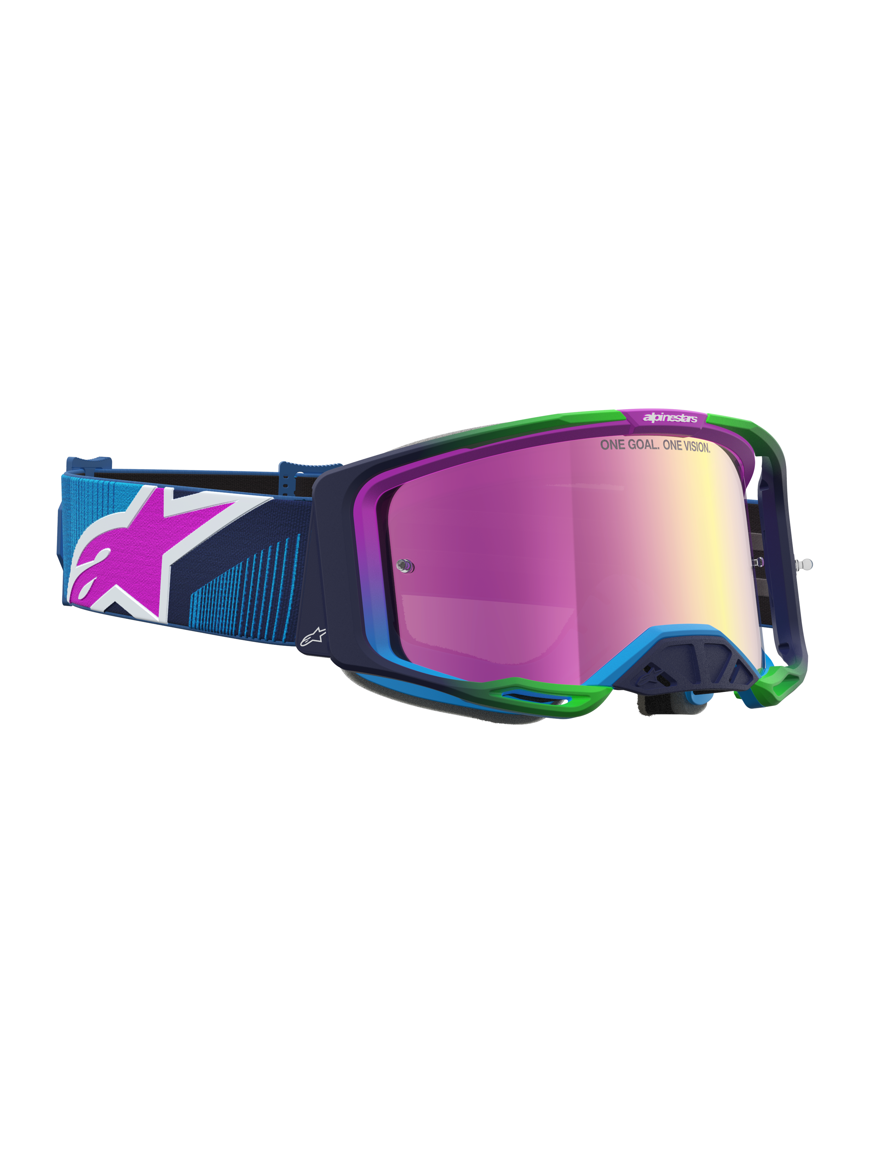 Alpinestars Vision 8 Maven goggles, blå och grön motocross-goggles med rosa spegellins och RAM-AIR-ventilation.