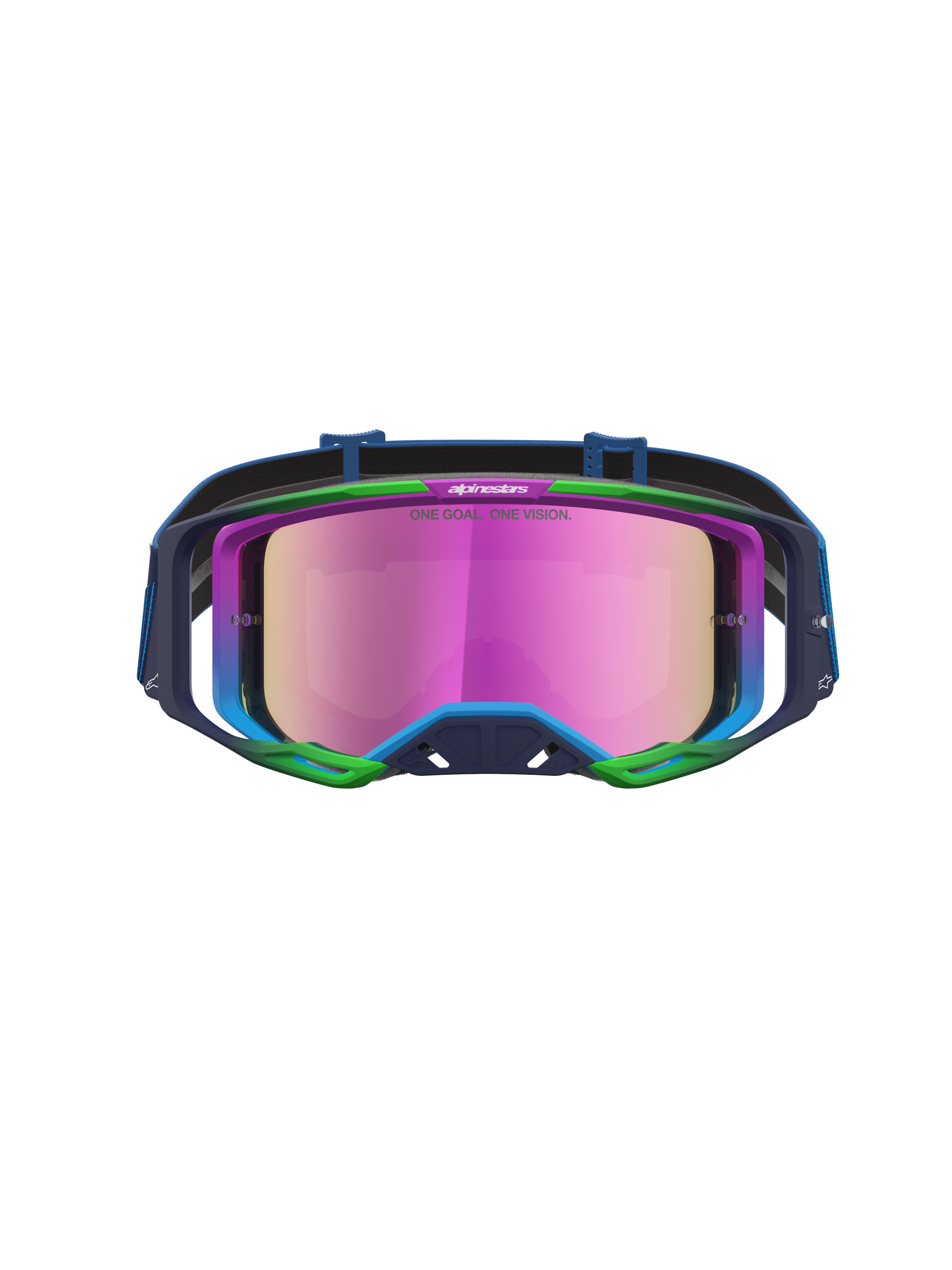 Alpinestars Vision 8 Maven goggles, motocrossgoggles i blått och rosa med spegellins, A-FLEX-ram och RAM-AIR-ventilation för terrängkörning.