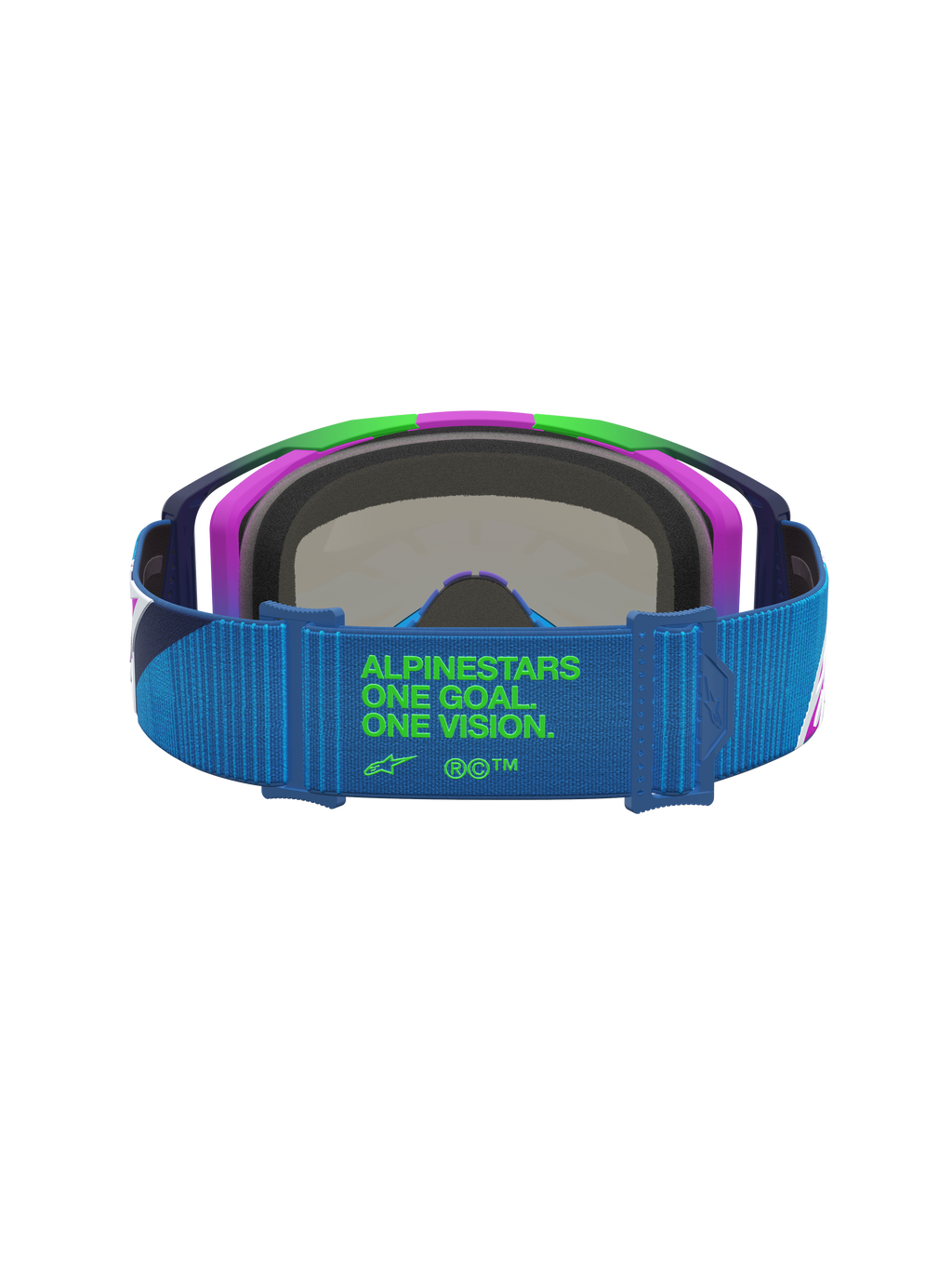 Alpinestars Vision 8 Maven goggles, motocrossgoggles för racing, blå och lila, blått band med grön One Goal One Vision-logotyp, RAM-AIR-ventilation.