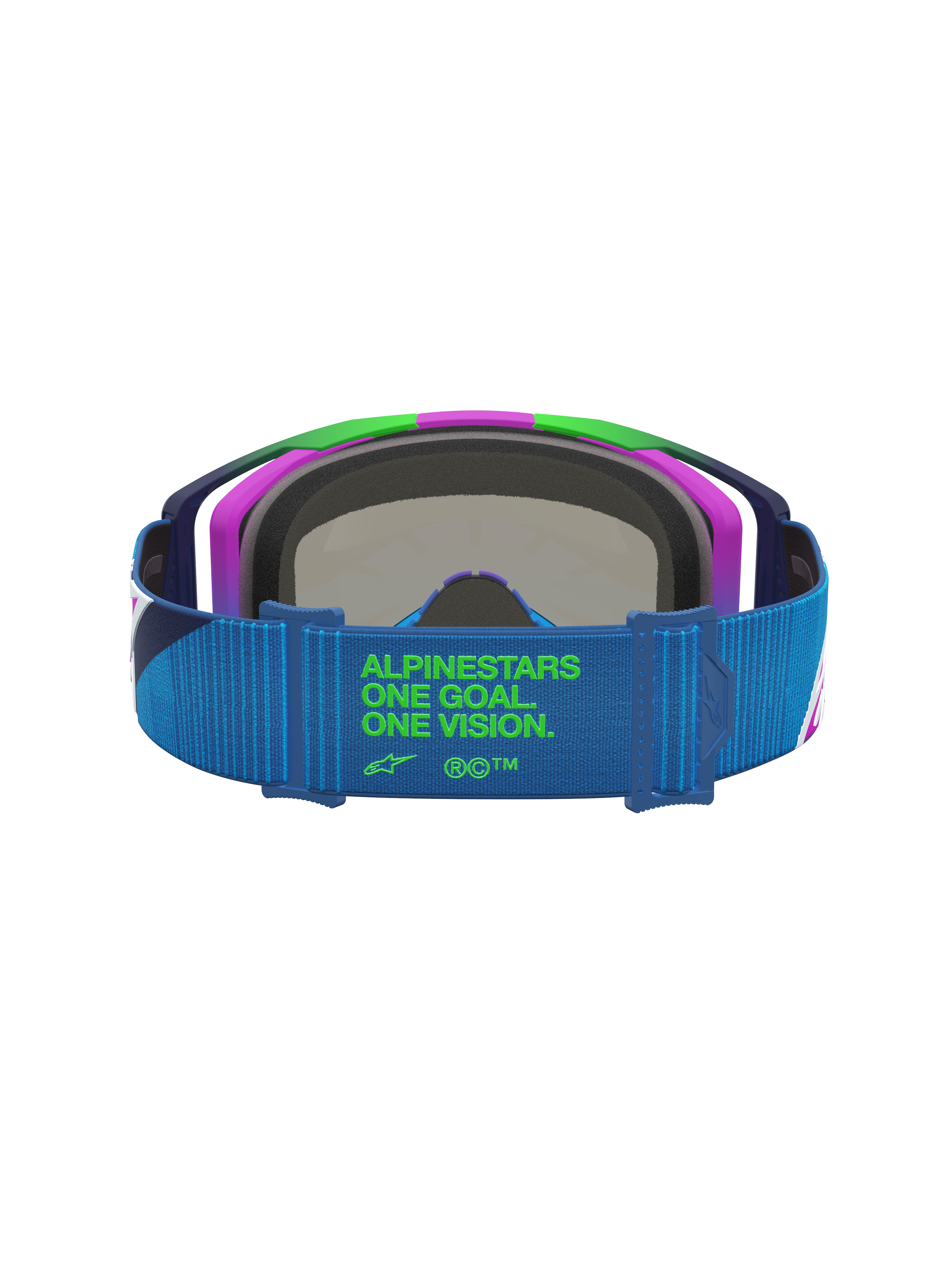Alpinestars Vision 8 Maven goggles, motocrossgoggles för racing, blå och lila, blått band med grön One Goal One Vision-logotyp, RAM-AIR-ventilation.