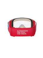 Alpinestars Vision 5 Corp Goggles, Motocross Goggles, Red White and Blue with Clear Lens, rear view showing wide red woven strap with white 'ALPINESTARS ONE GOAL. ONE VISION.' branding, red urethane frame and thick face foam, designed for professional off-road performance