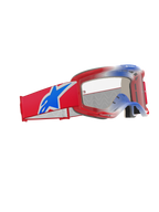Alpinestars Vision 5 Corp Goggles, Motocross Goggles, Red White and Blue with Clear Lens, featuring a wide red woven strap with a large blue Alpinestars star logo, lightweight red A-FLEX frame, and high-performance eye protection for off-road racing