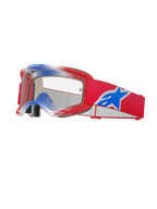 Alpinestars Vision 5 Corp Goggles, Motocross Goggles, Red White and Blue, Clear Lens, Red frame with gradient blue and white top accents, red strap with a large blue and white Alpinestars star logo, multi-layer foam padding, high-performance racing eyewear