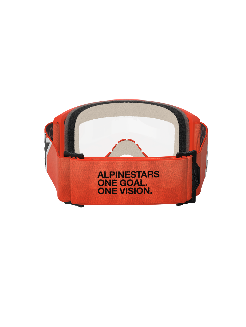 Alpinestars Vision 5 Corp-goggles, vy bakifrån, orange rem med svart 'ALPINESTARS ONE GOAL. ONE VISION.'-text, orange ram och klar lins, ögonskydd för motocross