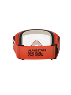 Alpinestars Vision 5 Corp-goggles, vy bakifrån, orange rem med svart 'ALPINESTARS ONE GOAL. ONE VISION.'-text, orange ram och klar lins, ögonskydd för motocross
