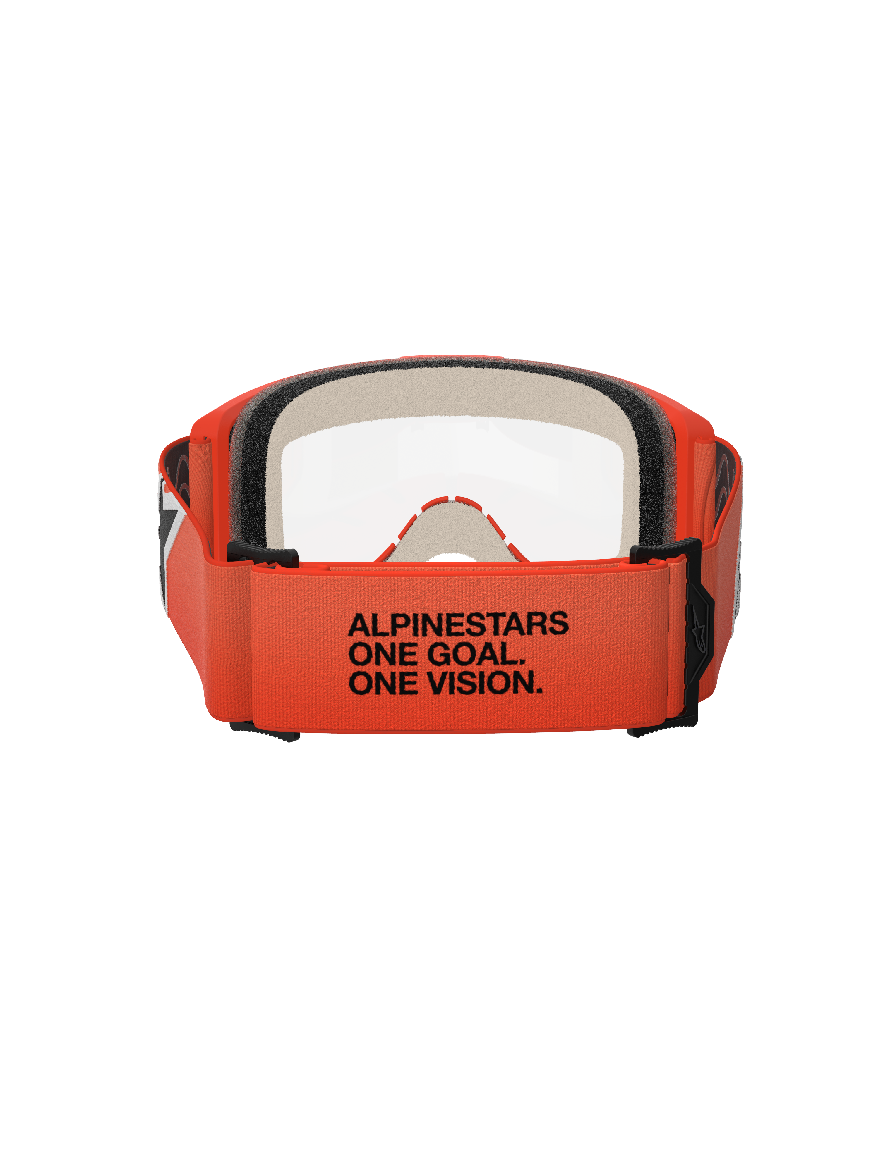 Alpinestars Vision 5 Corp-goggles, vy bakifrån, orange rem med svart 'ALPINESTARS ONE GOAL. ONE VISION.'-text, orange ram och klar lins, ögonskydd för motocross