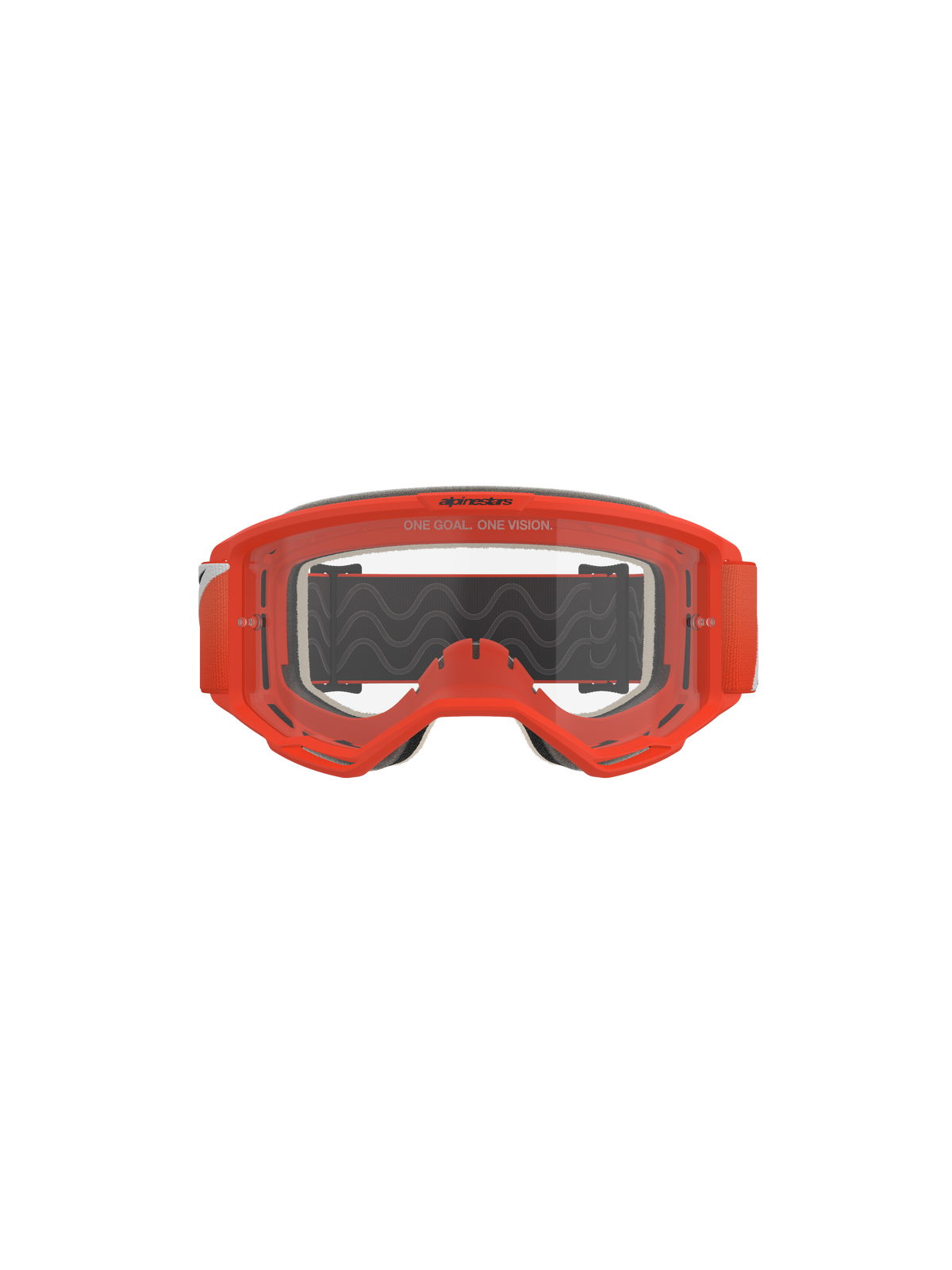 Alpinestars Vision 5 Corp Goggles, motocrossglasögon, orange med klar lins, frontvy med en klarorange ram, genomskinlig imskyddad lins med "One Goal. One Vision"-text, grått ansiktsskum och ett svart band med vågformad silikonbeläggning.