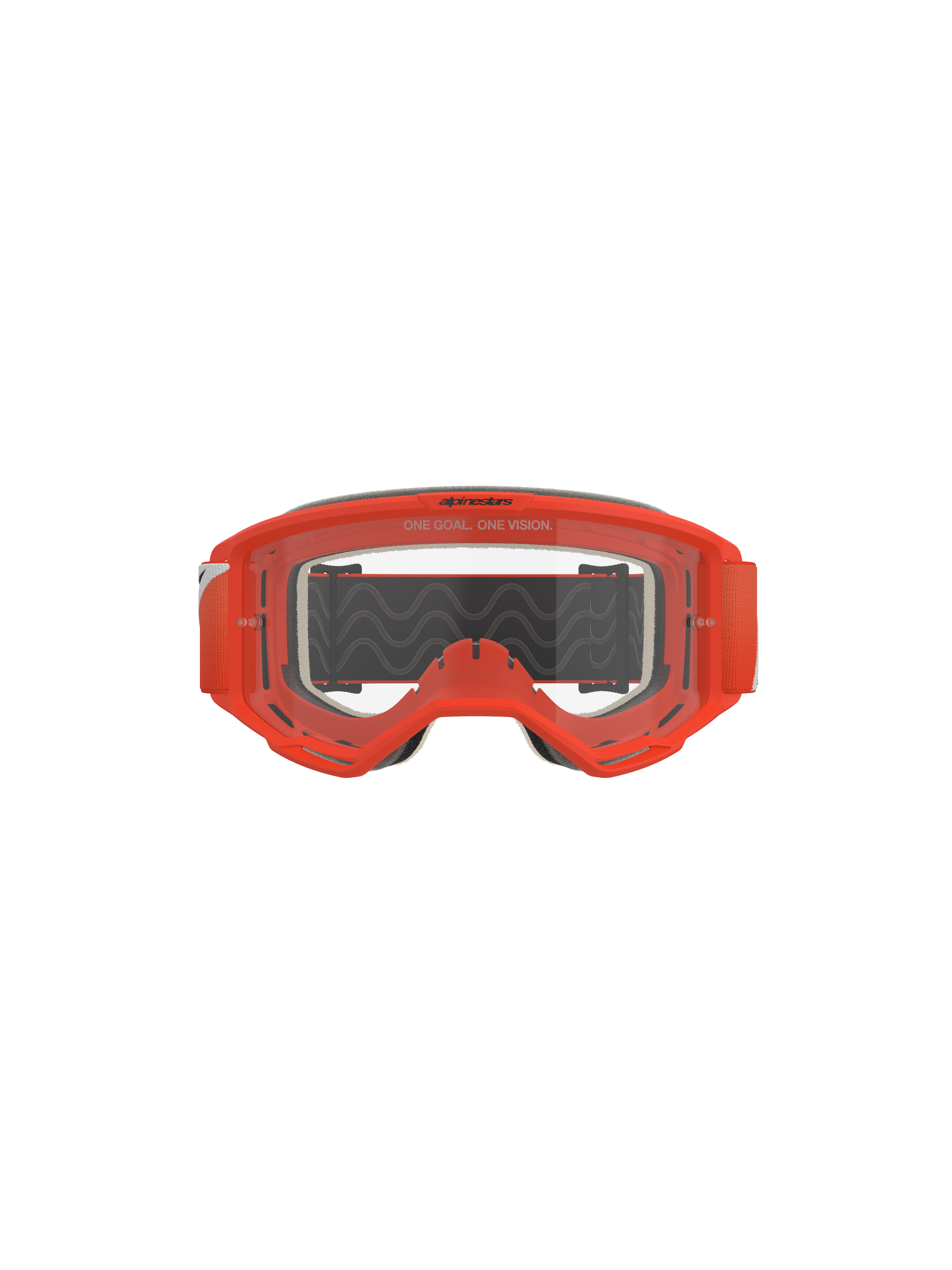 Alpinestars Vision 5 Corp Goggles, motocrossglasögon, orange med klar lins, frontvy med en klarorange ram, genomskinlig imskyddad lins med "One Goal. One Vision"-text, grått ansiktsskum och ett svart band med vågformad silikonbeläggning.