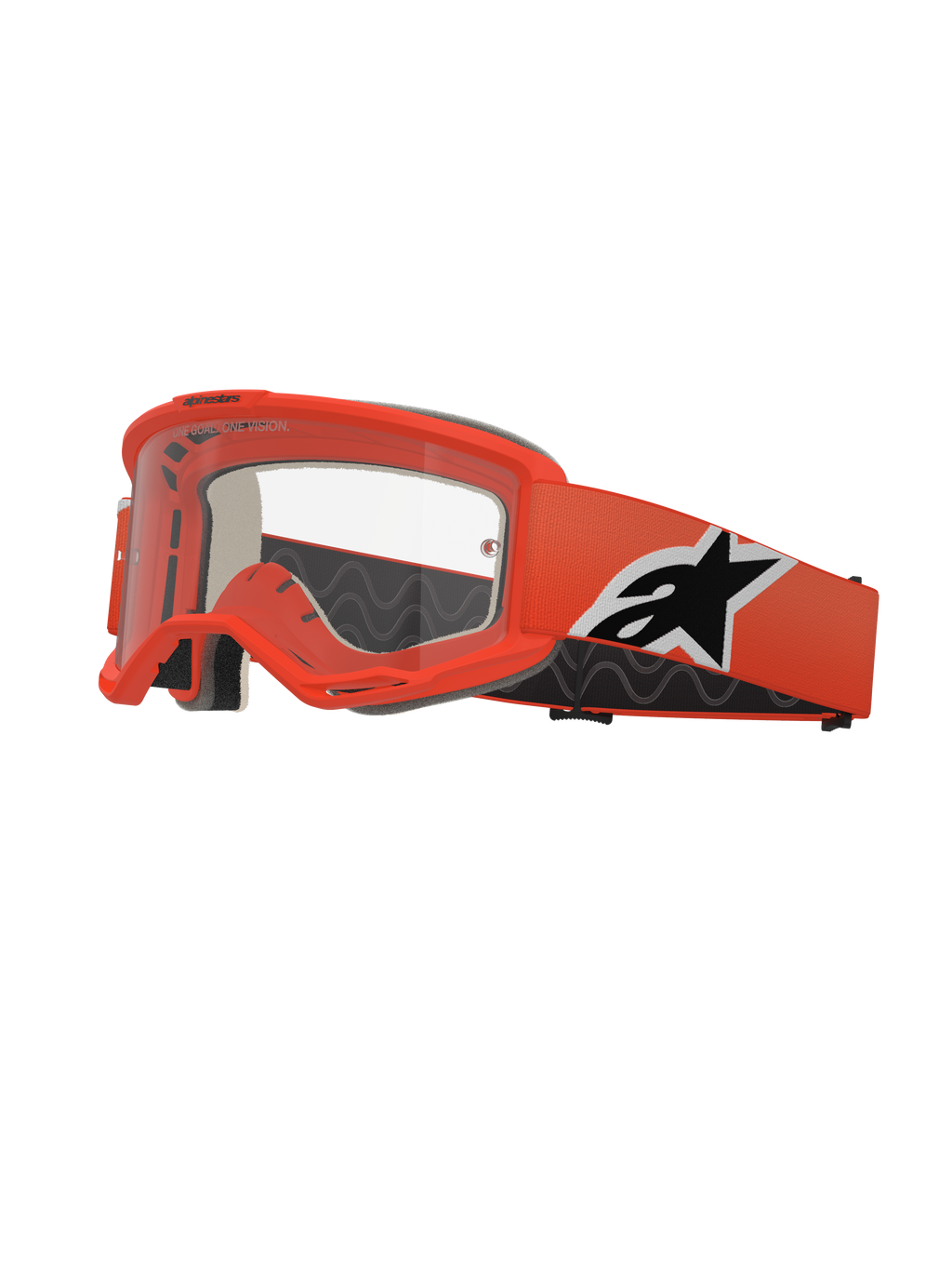 Alpinestars Vision 5 Corp goggles, motocrossglasögon, klarorange med klar lins, orange rem med svart och vit Alpinestars-logotyp, tjockt svart ansiktsskum, RAM-AIR-ventilationsöppningar, aerodynamisk design för terrängkörning