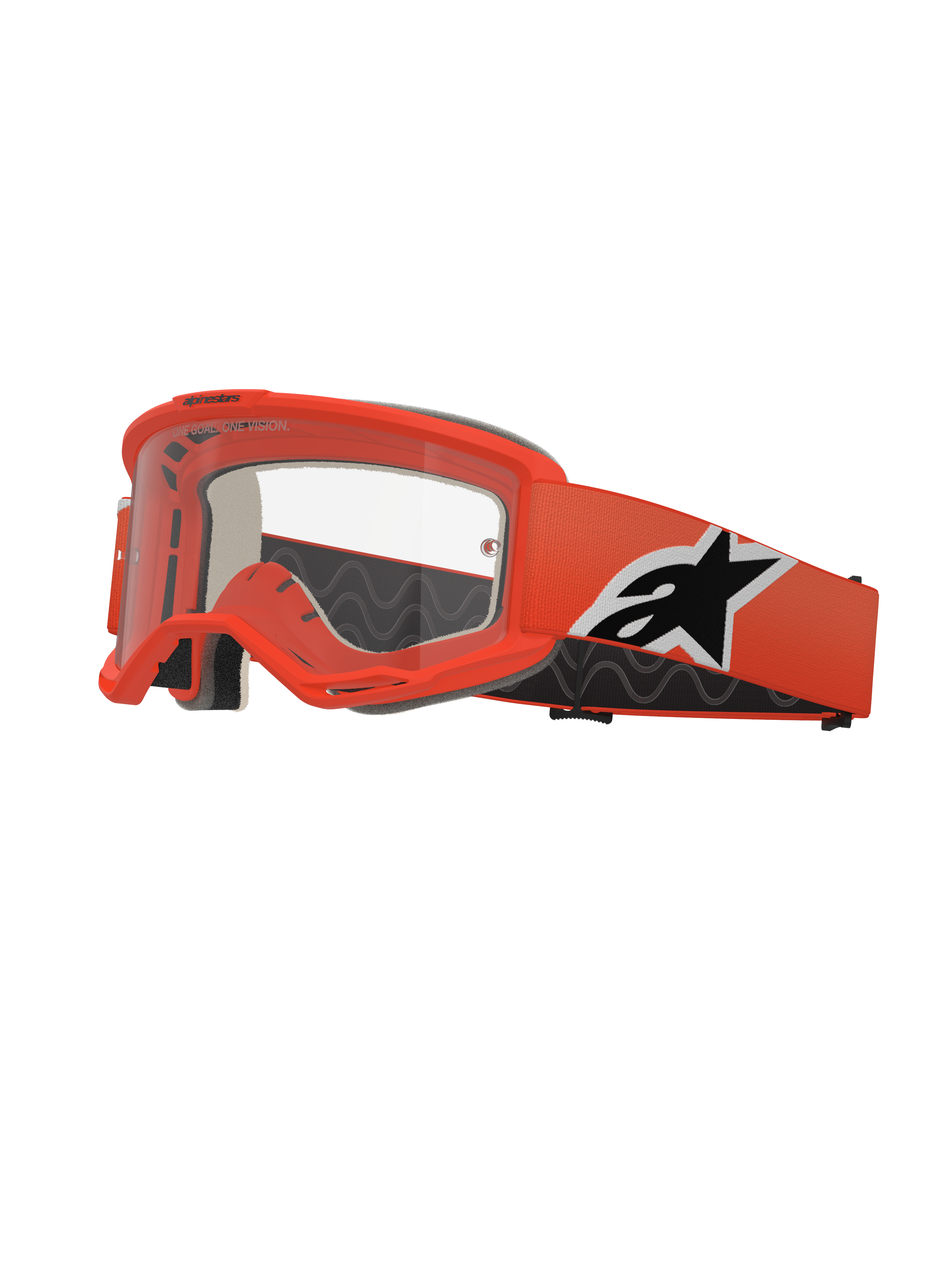 Alpinestars Vision 5 Corp goggles, motocrossglasögon, klarorange med klar lins, orange rem med svart och vit Alpinestars-logotyp, tjockt svart ansiktsskum, RAM-AIR-ventilationsöppningar, aerodynamisk design för terrängkörning