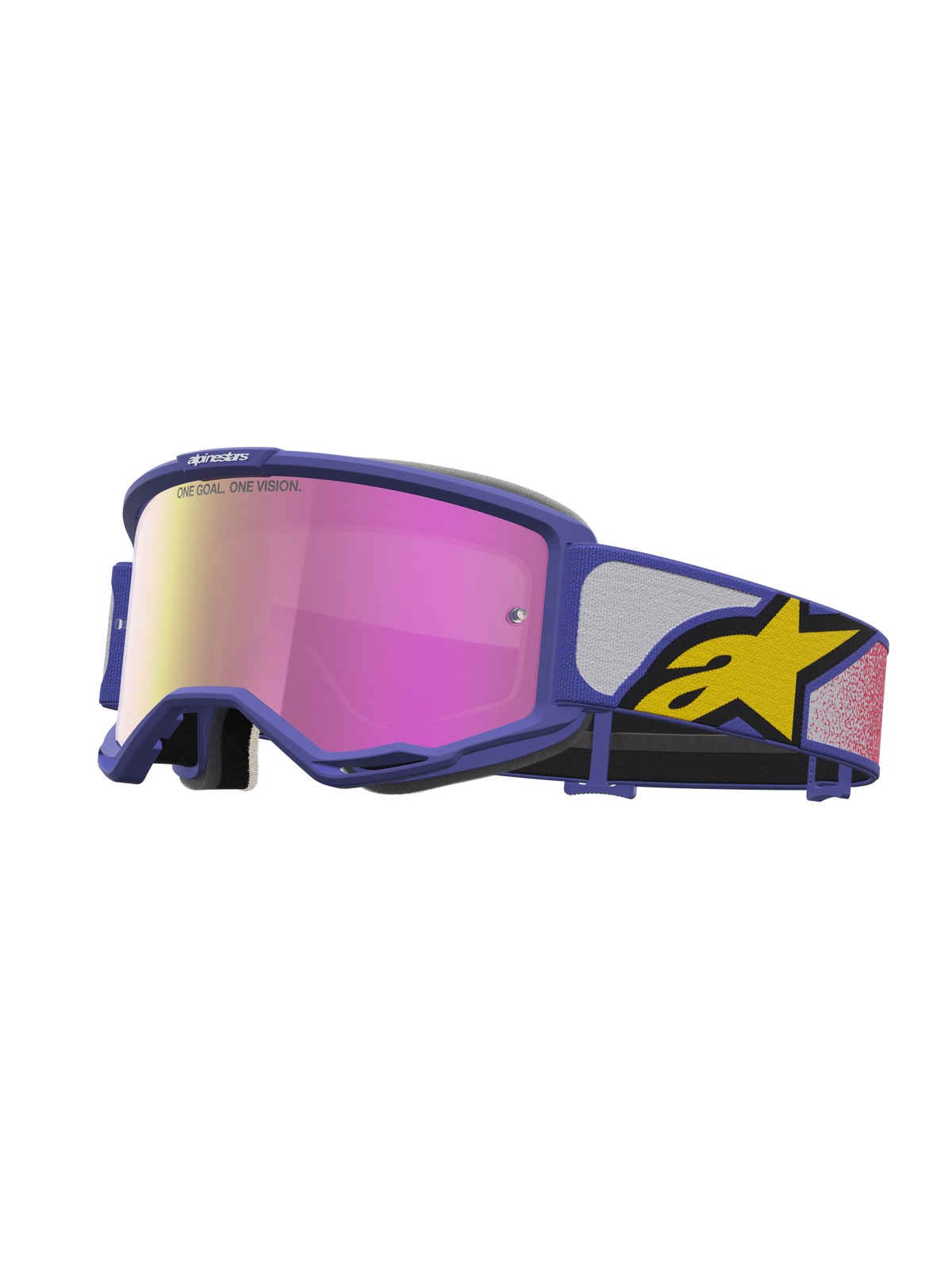 Alpinestars Vision 5 Drag Goggles, motocross-goggles, lila och rosa med gula detaljer, A-FLEX-ram och RAM-AIR-ventilation, rosa spegellins, skyddsutrustning för terrängkörning