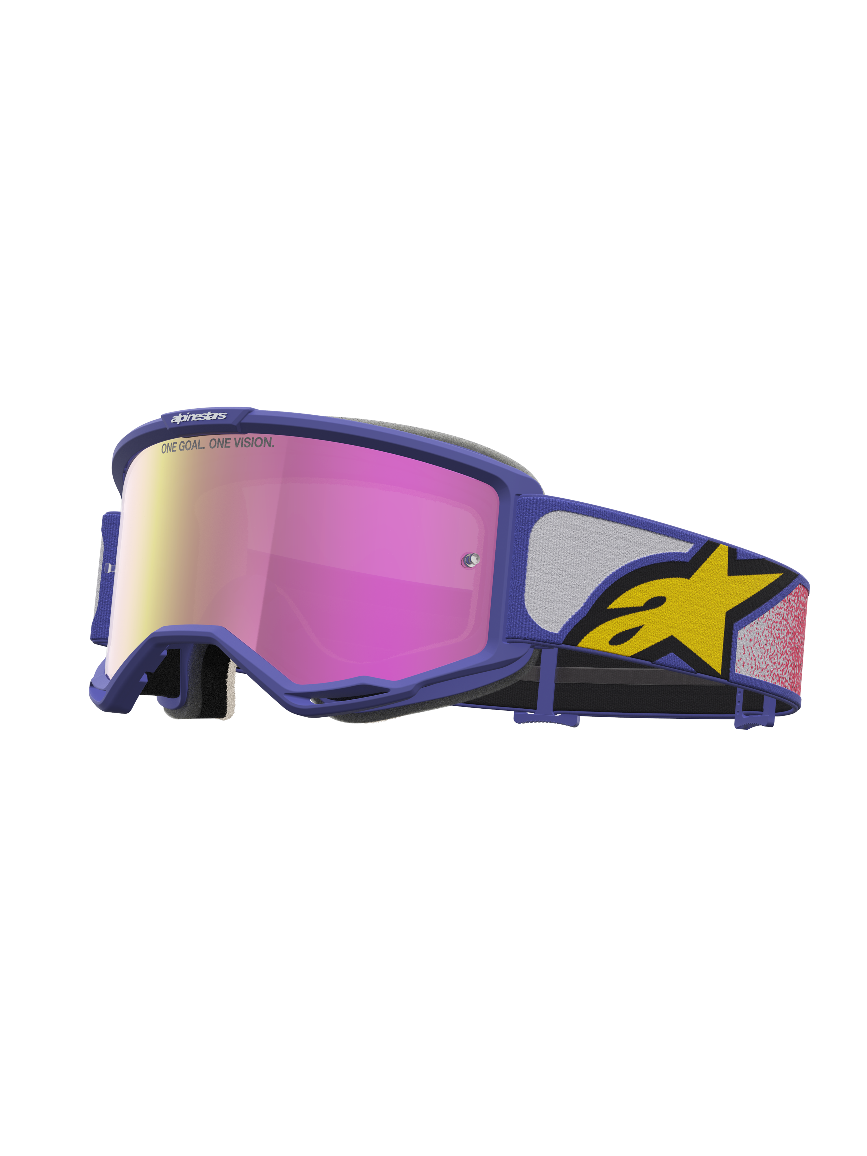 Alpinestars Vision 5 Drag Goggles, motocross-goggles, lila och rosa med gula detaljer, A-FLEX-ram och RAM-AIR-ventilation, rosa spegellins, skyddsutrustning för terrängkörning