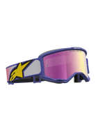 Alpinestars Vision 5 Drag goggles, motocrossglasögon, lila ram med rosa spegellins, gul logotyp på remmen, A-FLEX-ram och RAM-AIR-ventilation.