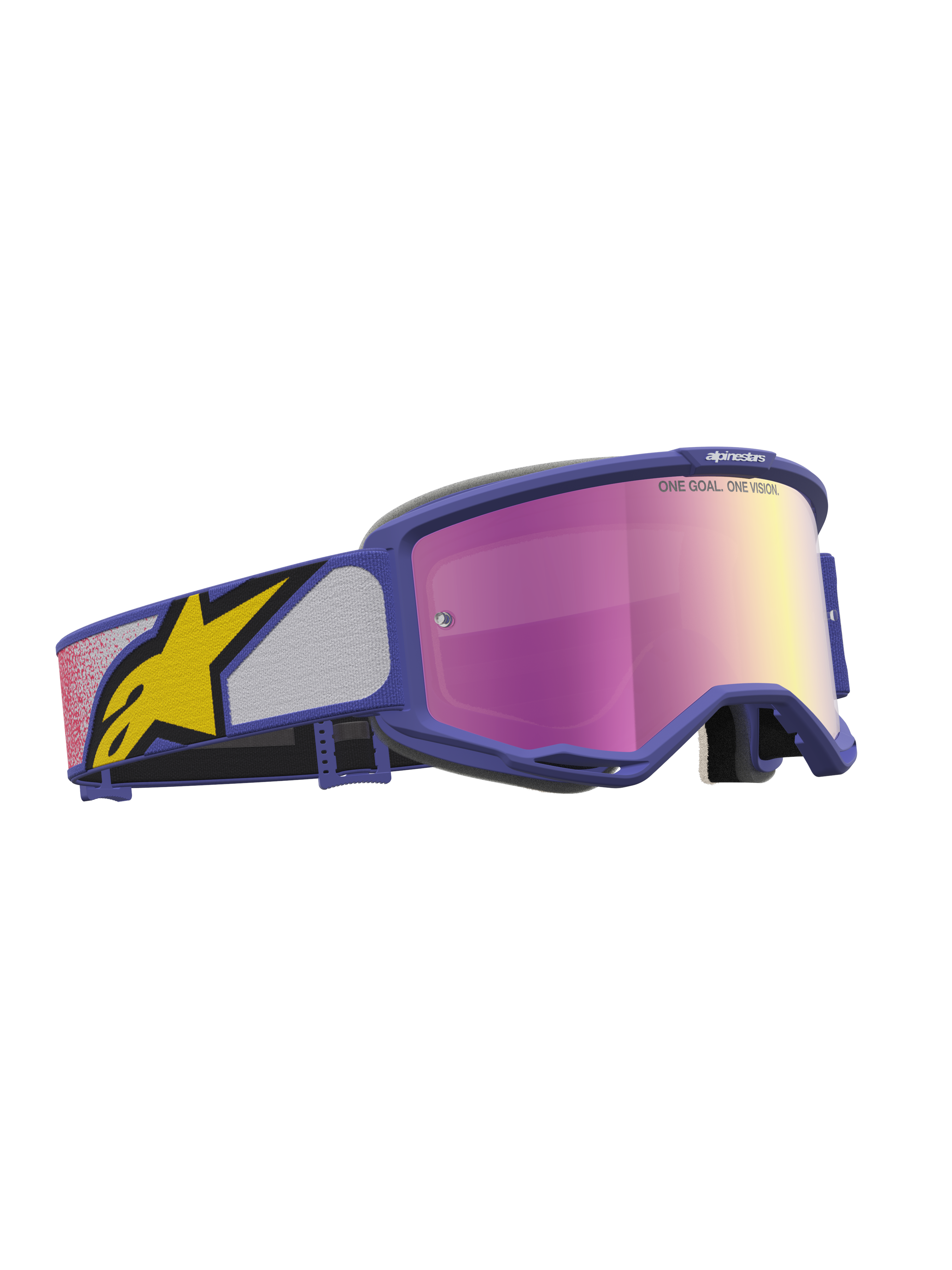 Alpinestars Vision 5 Drag goggles, motocrossglasögon, lila ram med rosa spegellins, gul logotyp på remmen, A-FLEX-ram och RAM-AIR-ventilation.