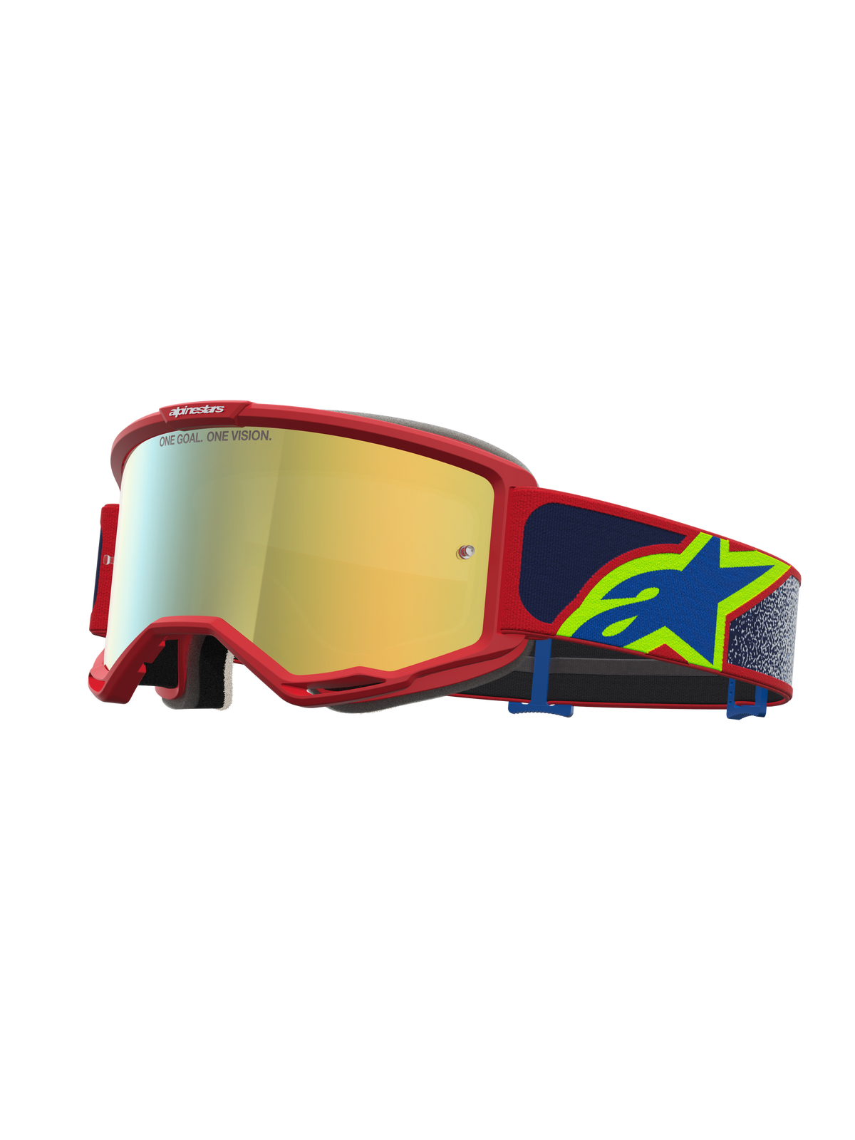 Alpinestars Vision 5 Drag Goggles, motocross-goggles, röd ram med guld-spegellins och blå rem med gul Astars-logotyp, professionellt skydd för terrängkörning