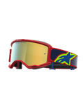 Alpinestars Vision 5 Drag Goggles, motocross-goggles, röd ram med guld-spegellins och blå rem med gul Astars-logotyp, professionellt skydd för terrängkörning