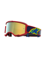 Alpinestars Vision 5 Drag Goggles, motocross-goggles, röd ram med guld-spegellins och blå rem med gul Astars-logotyp, professionellt skydd för terrängkörning