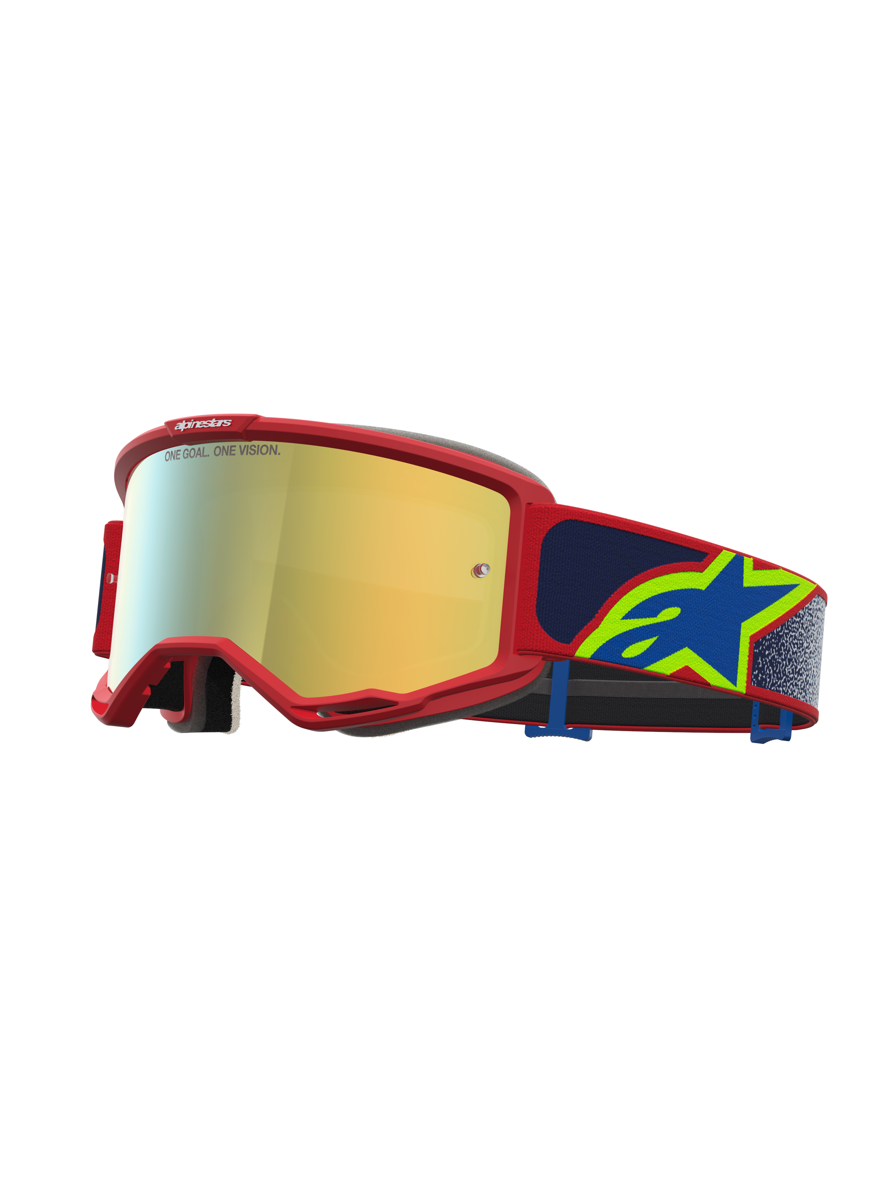 Alpinestars Vision 5 Drag Goggles, motocross-goggles, röd ram med guld-spegellins och blå rem med gul Astars-logotyp, professionellt skydd för terrängkörning