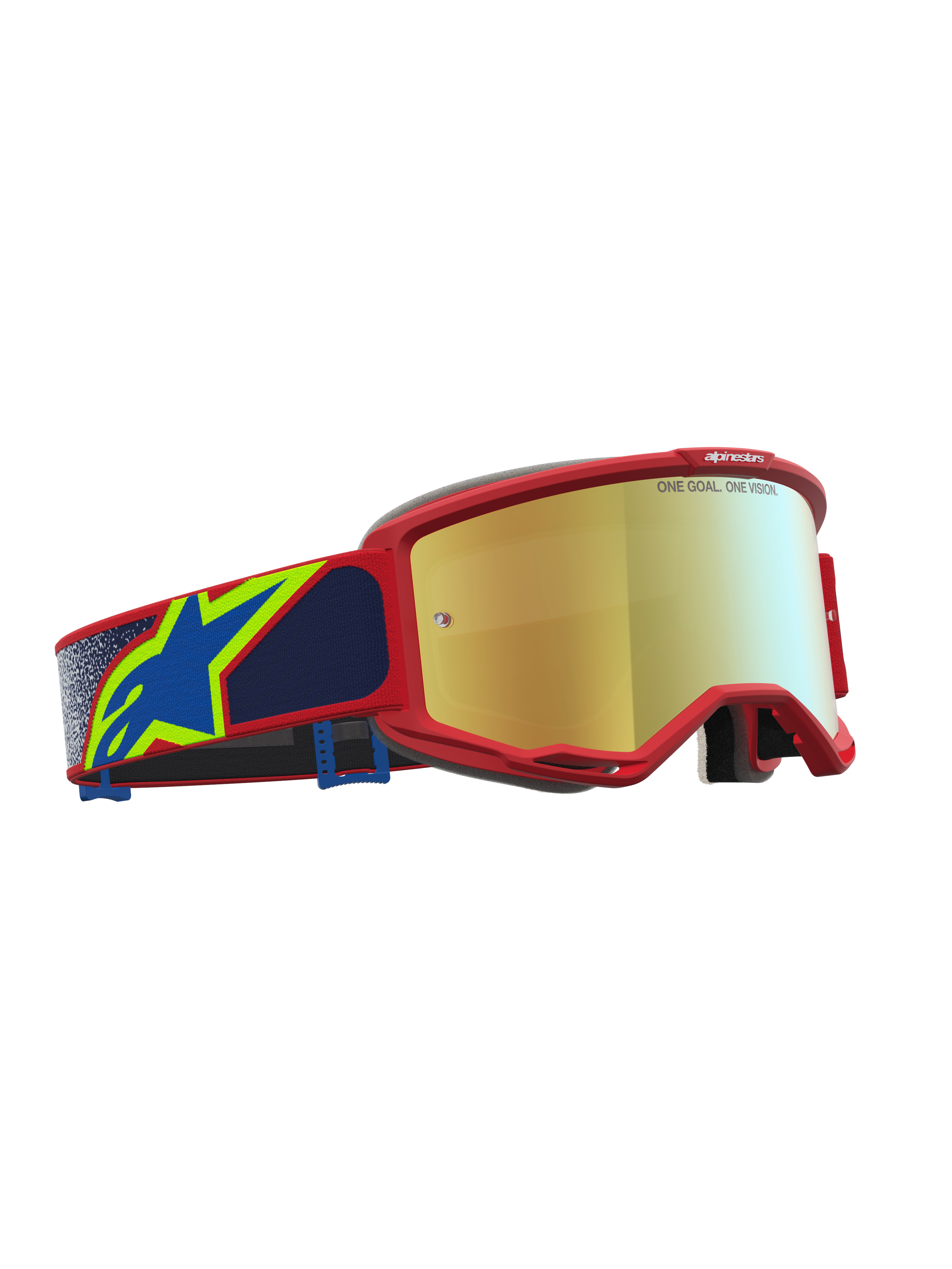 Alpinestars Vision 5 Drag goggles, motocrossgoggles för terrängkörning, röda och blå med guld-spegellins, A-FLEX urethanram