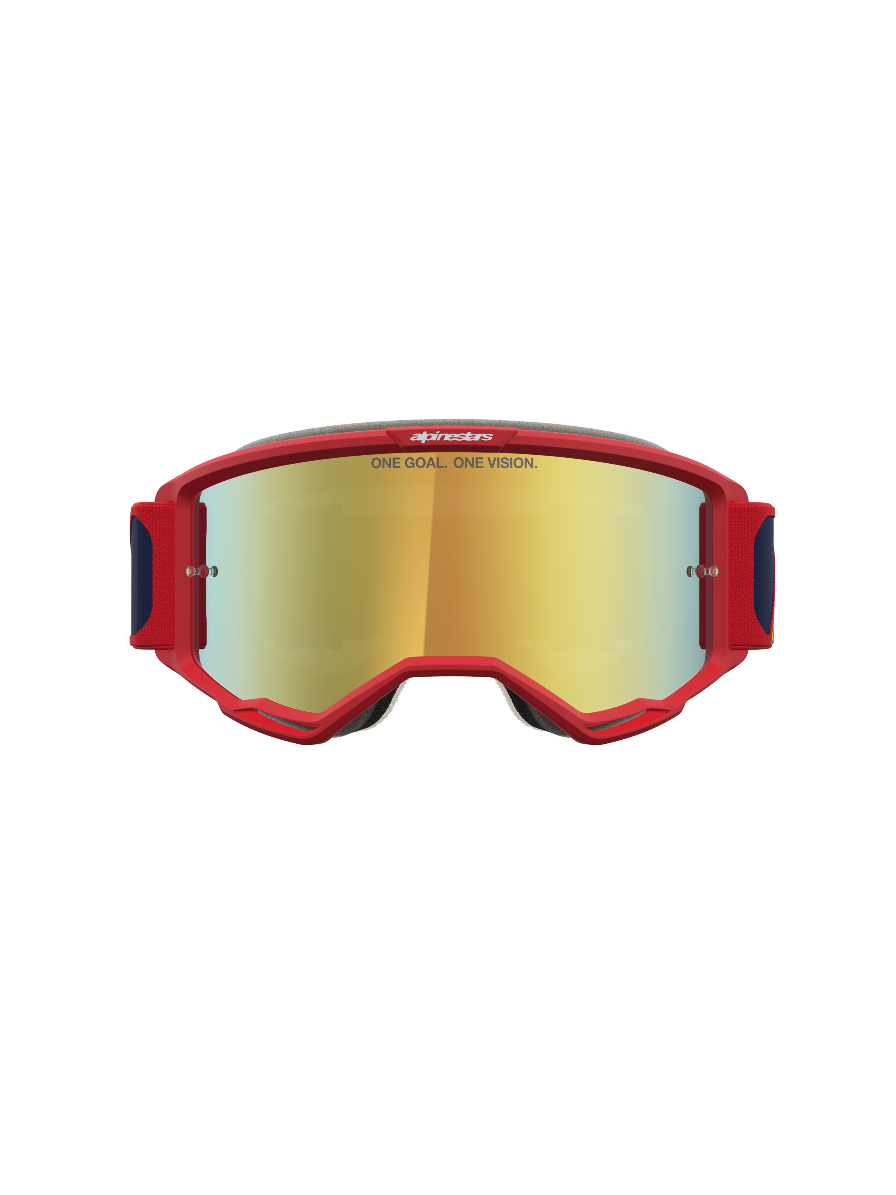 Alpinestars Vision 5 Drag goggles, röda motocrossglasögon med guldspegellins, A-FLEX-ram och RAM-AIR-ventilation.