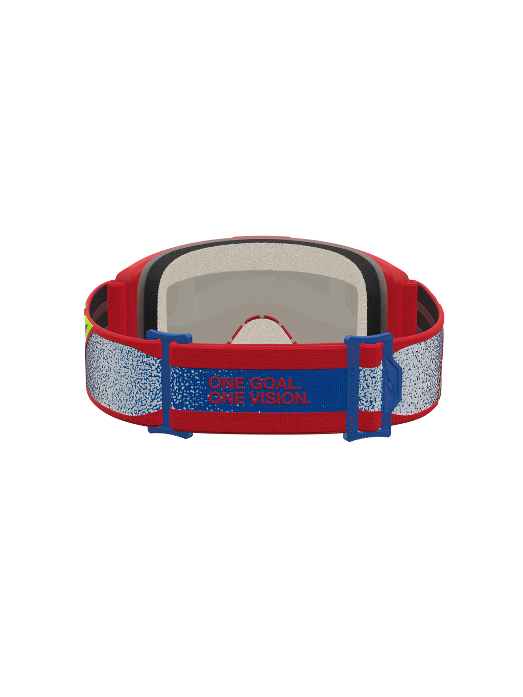 Alpinestars Vision 5 Drag goggles, röda och blåa motocrossgoggles med manifesto-bandet ”ONE GOAL. ONE VISION.” och mjukt flerstegs ansiktsskum.