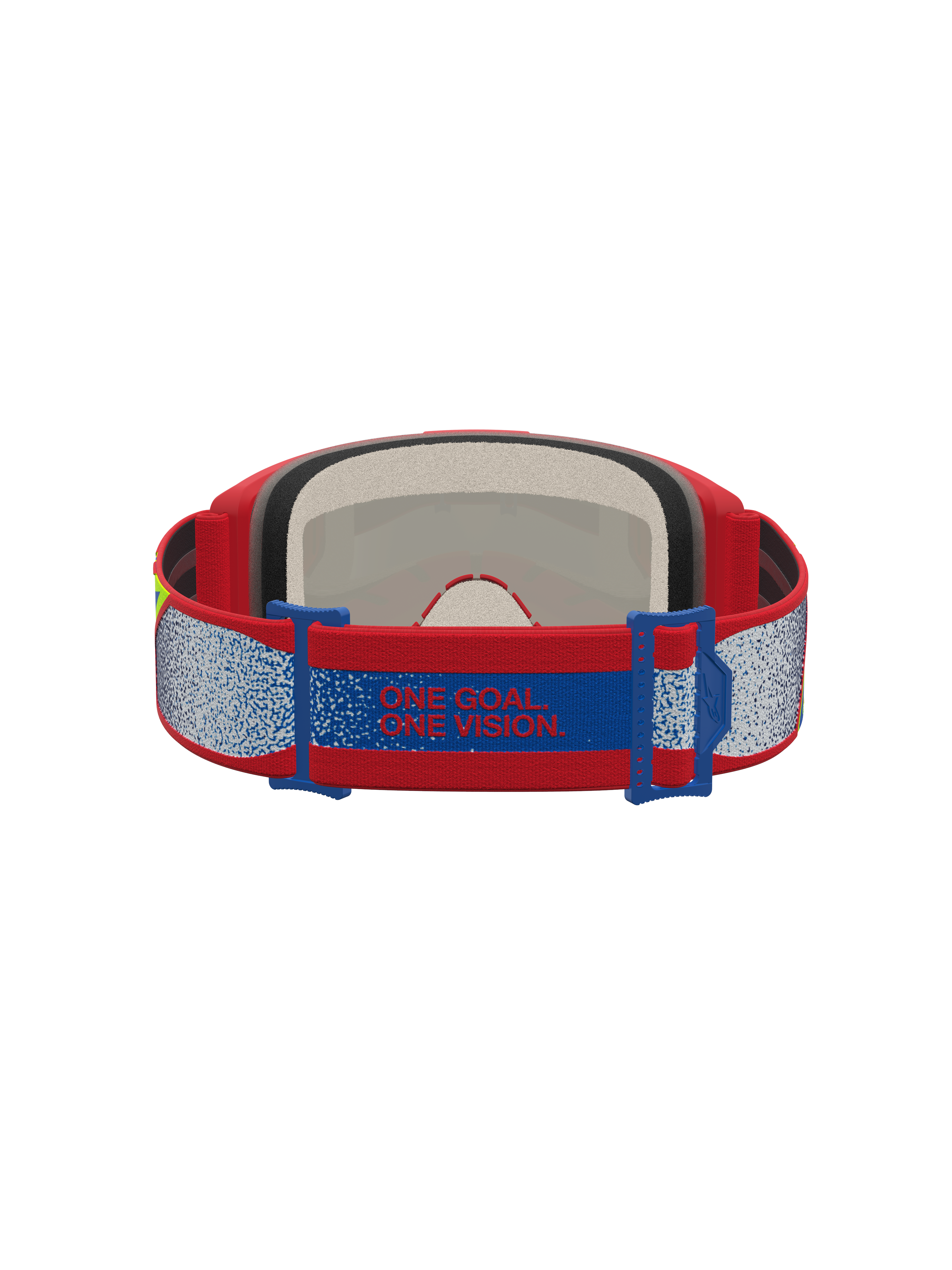 Alpinestars Vision 5 Drag goggles, röda och blåa motocrossgoggles med manifesto-bandet ”ONE GOAL. ONE VISION.” och mjukt flerstegs ansiktsskum.